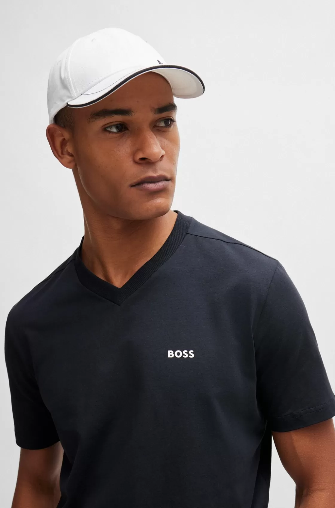 HUGO BOSS Stretch-cotton Regular-fit T-shirt With Contrast Logo Dark Blue Flash Sale