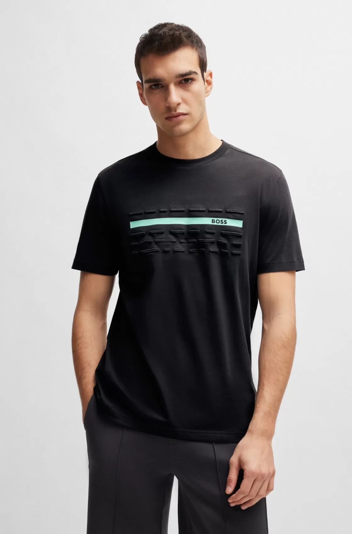 HUGO BOSS Stretch-cotton Regular-fit T-shirt With Embossed Artwork Dark Grey Hot