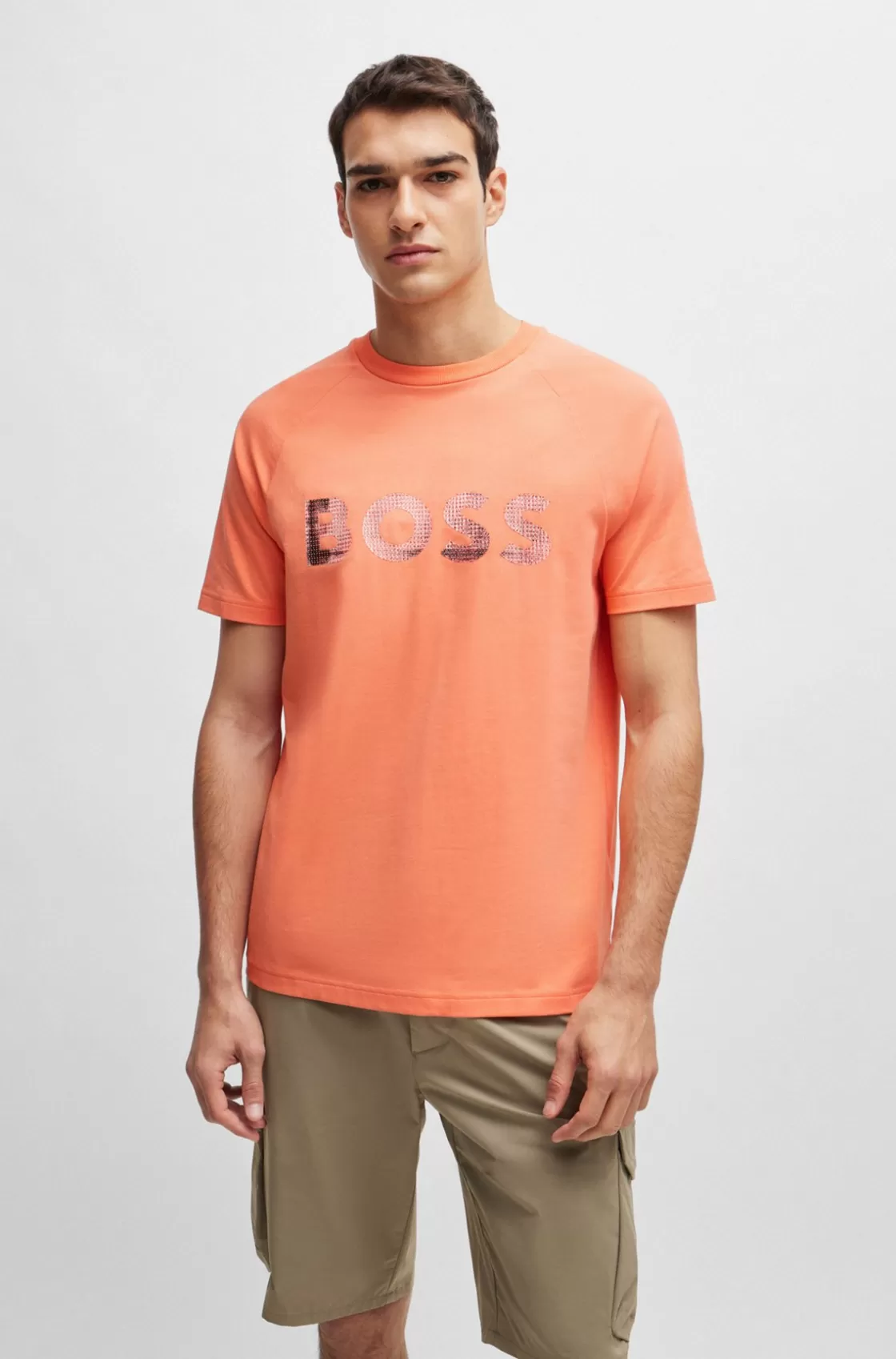 HUGO BOSS Stretch-cotton Regular-fit T-shirt With Seasonal Logo Light Red Flash Sale