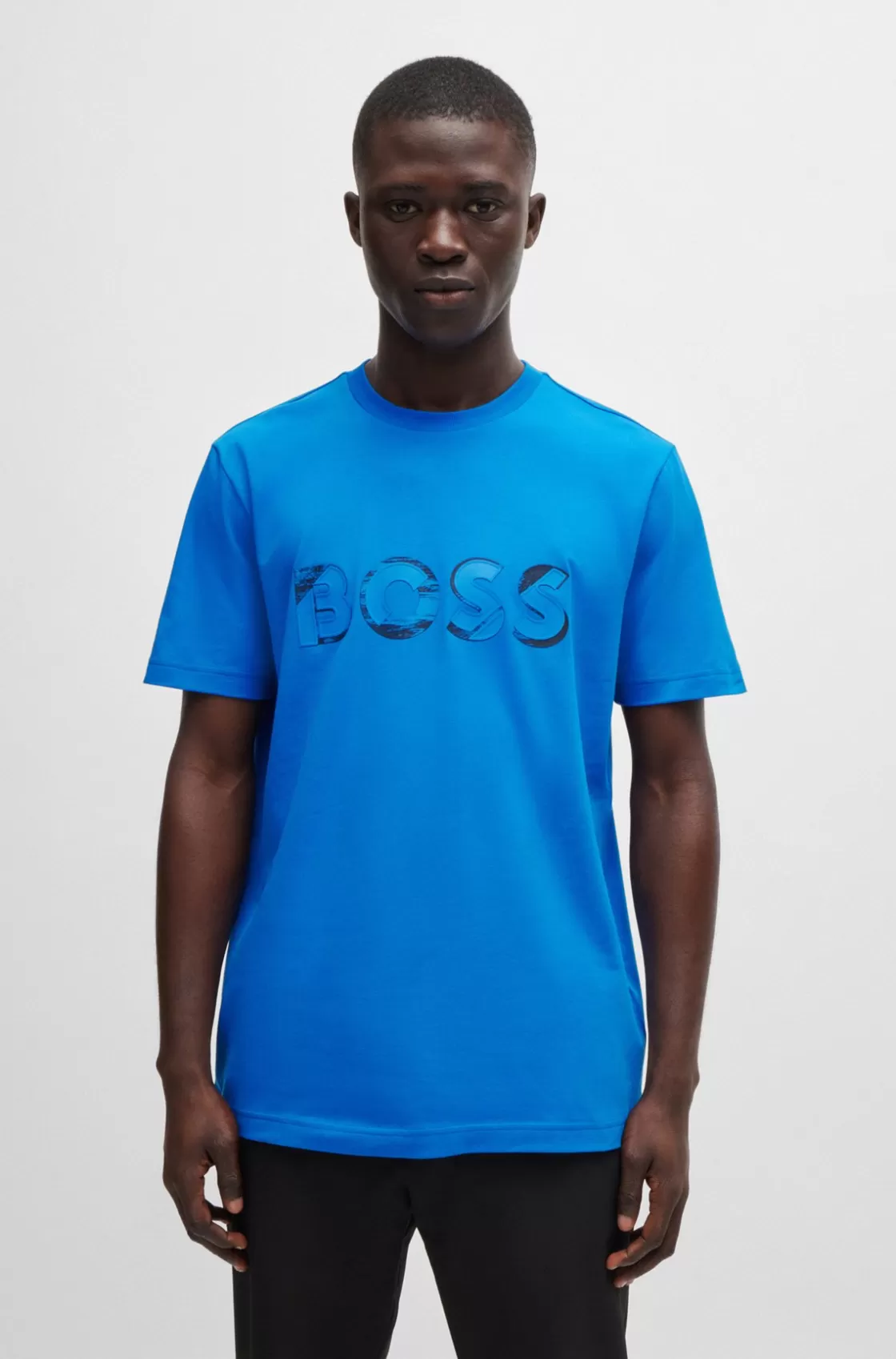 HUGO BOSS Stretch-cotton Short-sleeved T-shirt With Logo Artwork Light Blue Best Sale