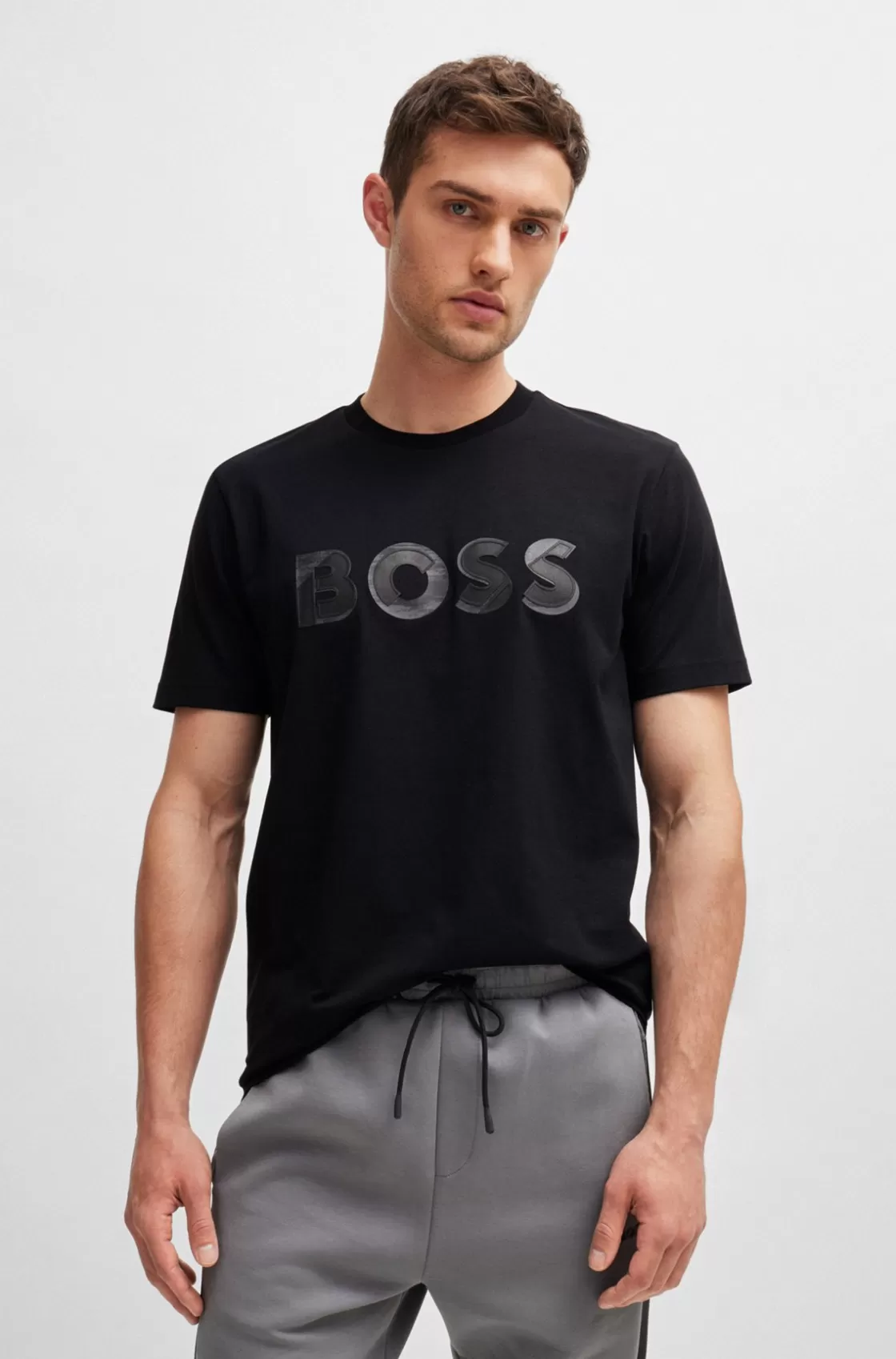 HUGO BOSS Stretch-cotton Short-sleeved T-shirt With Logo Artwork Black Best