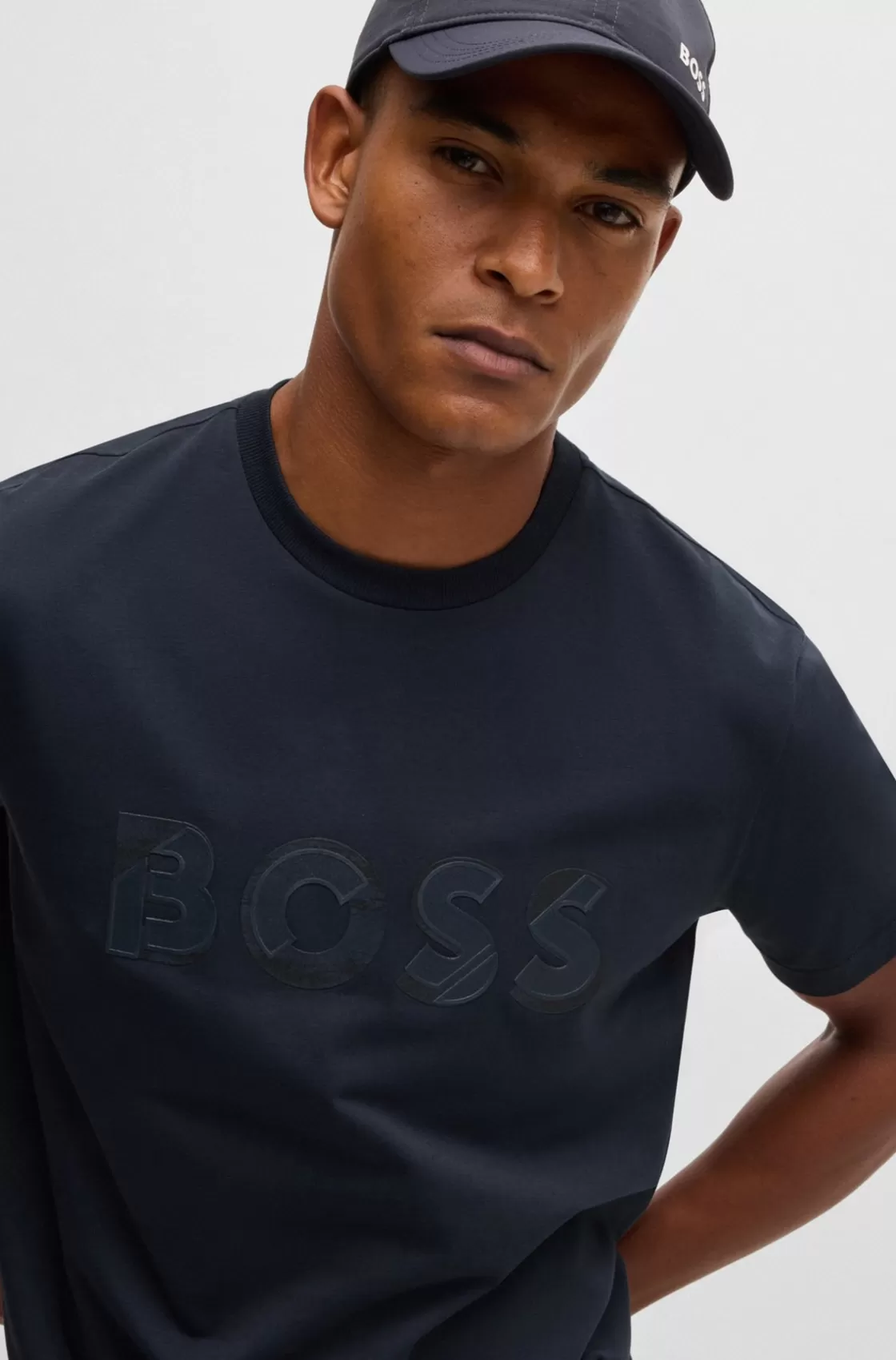 HUGO BOSS Stretch-cotton Short-sleeved T-shirt With Logo Artwork Dark Blue Fashion