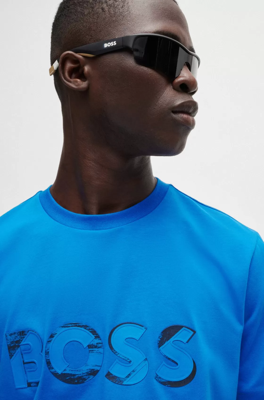 HUGO BOSS Stretch-cotton Short-sleeved T-shirt With Logo Artwork Light Blue Best Sale
