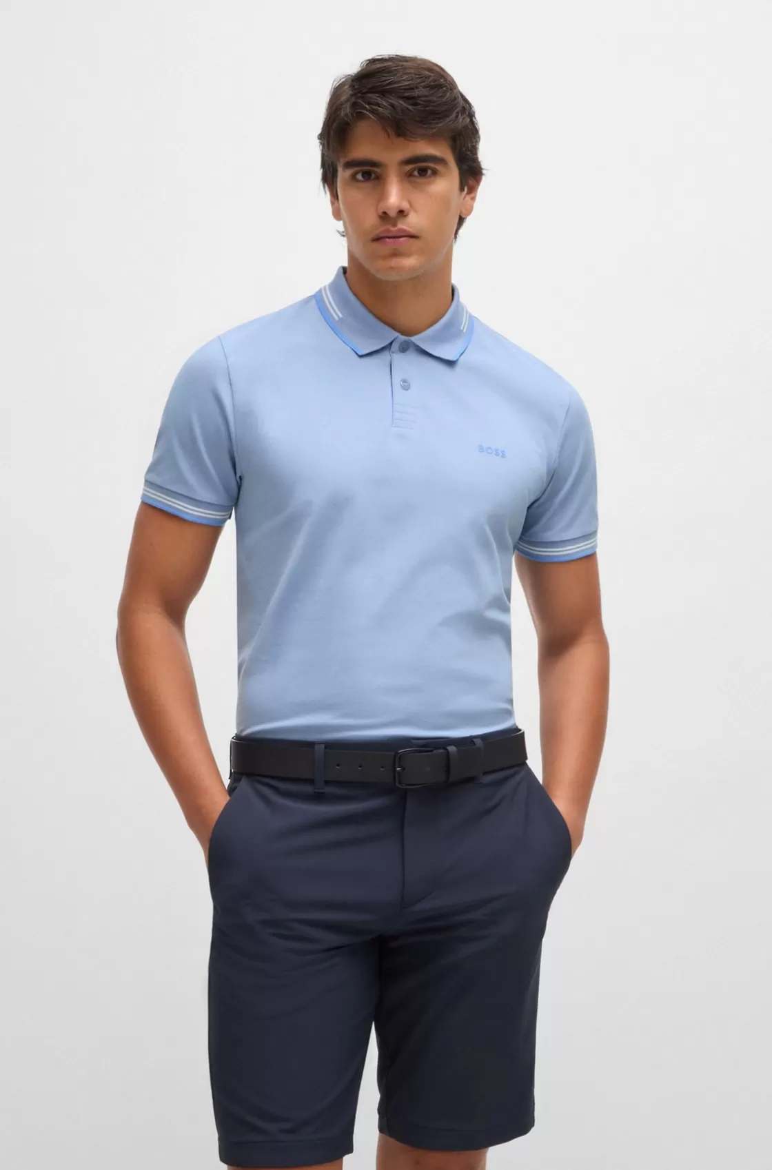 HUGO BOSS Stretch-cotton Slim-fit Polo Shirt With Branding Light Blue Discount