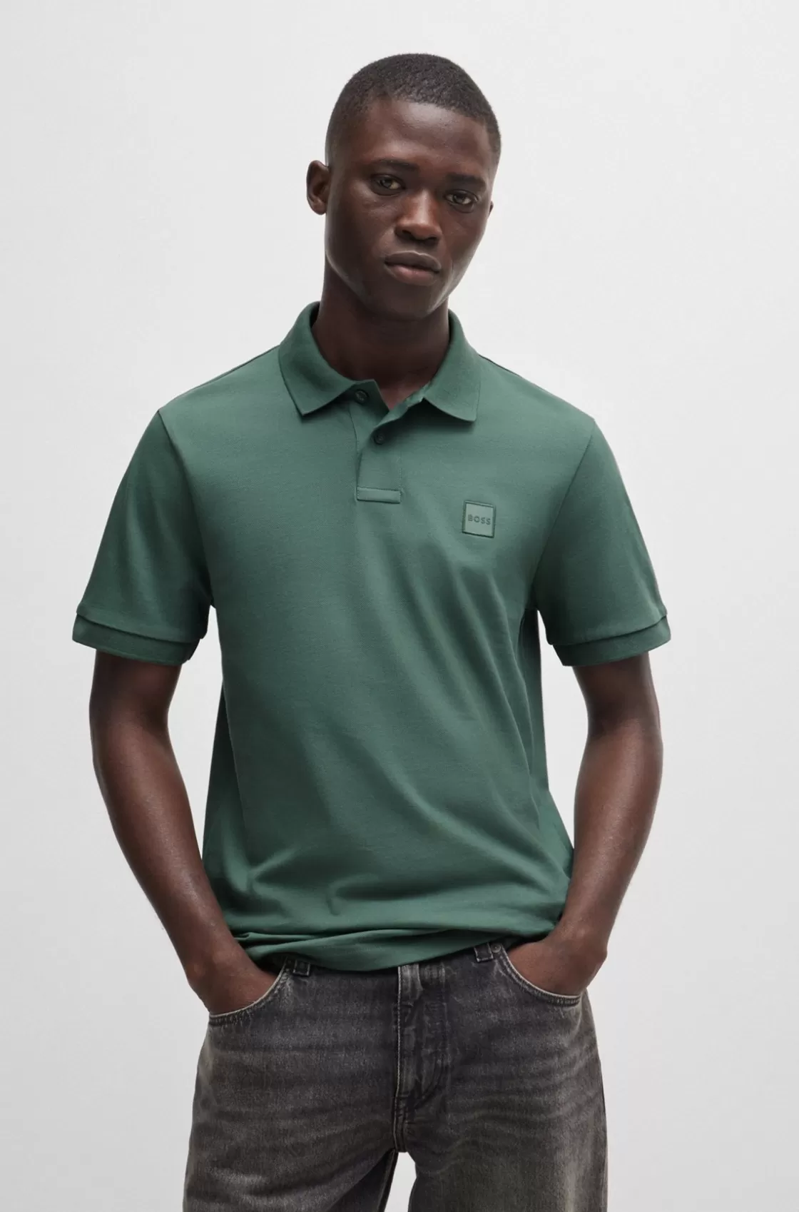 HUGO BOSS Stretch-cotton Slim-fit Polo Shirt With Logo Patch Light Green Outlet