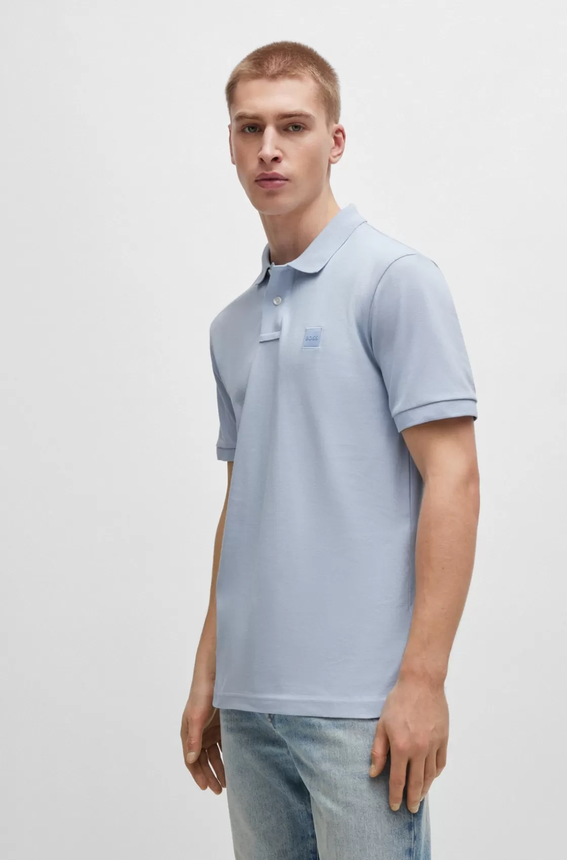 HUGO BOSS Stretch-cotton Slim-fit Polo Shirt With Logo Patch Light Blue Clearance