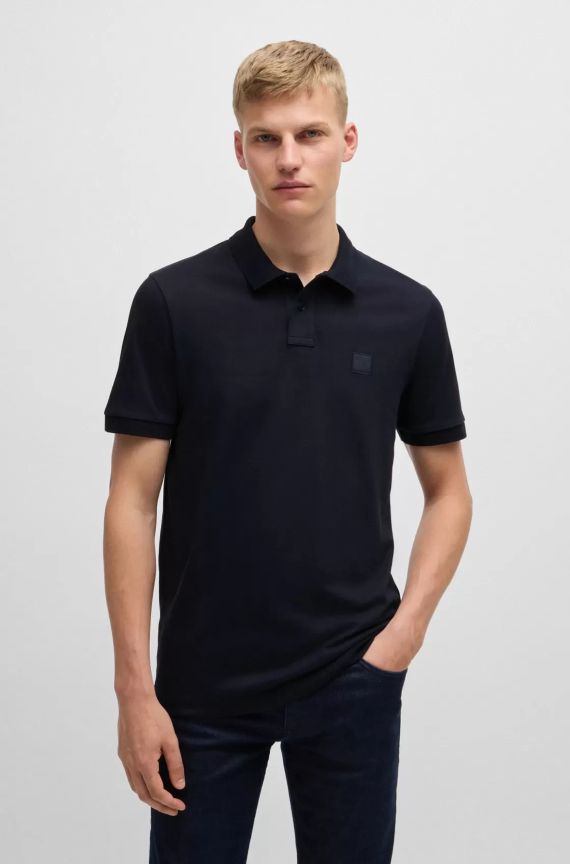 HUGO BOSS Stretch-cotton Slim-fit Polo Shirt With Logo Patch Dark Blue Hot
