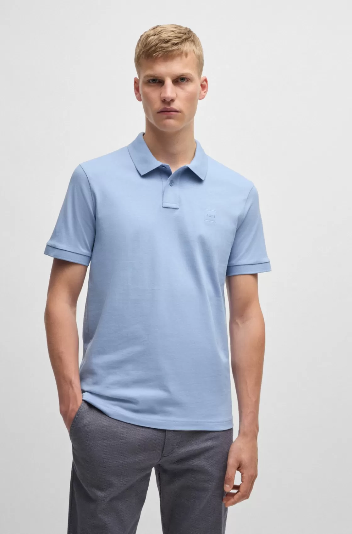 HUGO BOSS Stretch-cotton Slim-fit Polo Shirt With Logo Patch Light Blue Sale