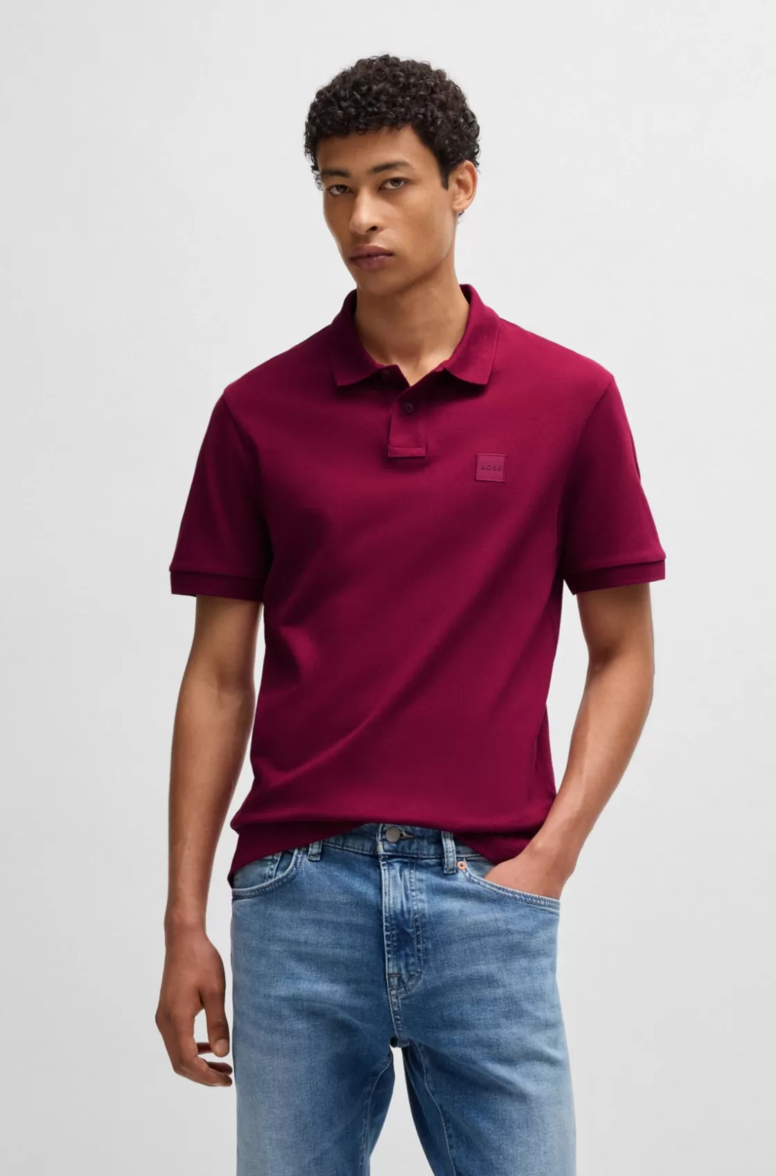 HUGO BOSS Stretch-cotton Slim-fit Polo Shirt With Logo Patch Light Red Shop