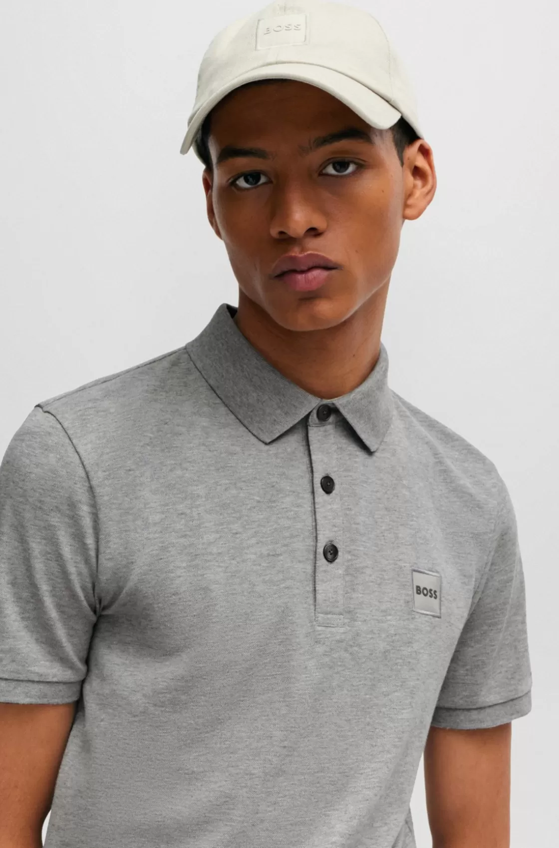 HUGO BOSS Stretch-cotton Slim-fit Polo Shirt With Logo Patch Light Grey Best