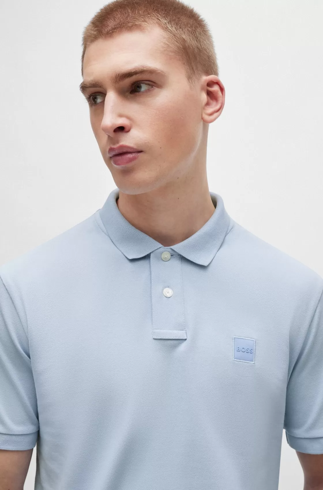 HUGO BOSS Stretch-cotton Slim-fit Polo Shirt With Logo Patch Light Blue Clearance
