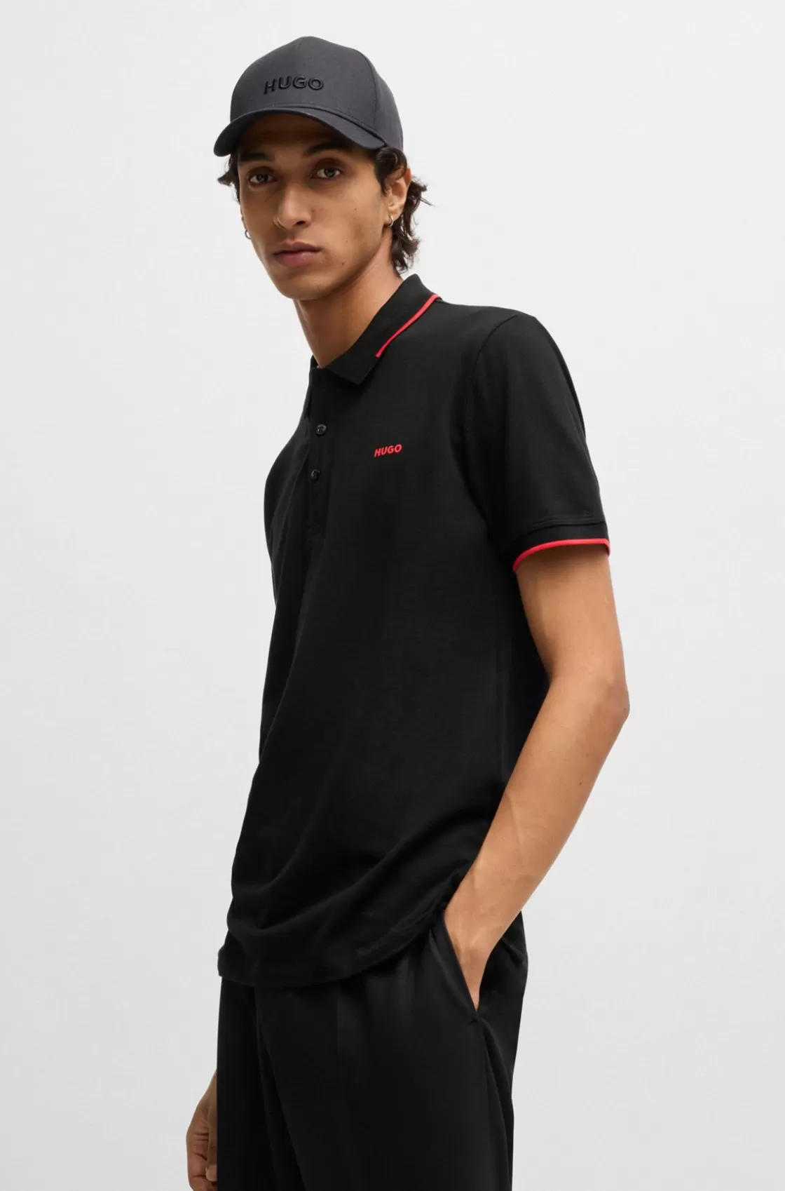HUGO BOSS Stretch-cotton Slim-fit Polo Shirt With Printed Logo Black Fashion