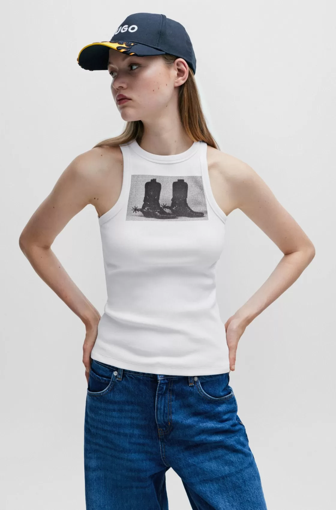 HUGO BOSS Stretch-cotton Slim-fit Tank Top With Boot Print White Store