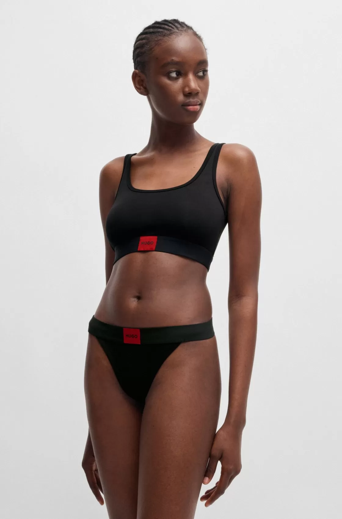 HUGO BOSS Stretch-cotton Thong Briefs With Red Logo Label Black New