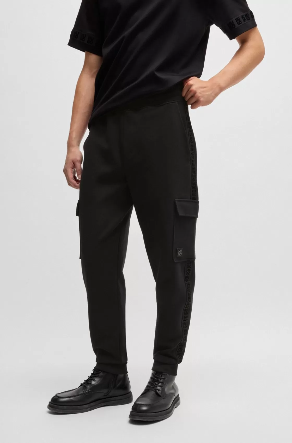 HUGO BOSS Stretch-cotton Tracksuit Bottoms With Stacked Logo Black New