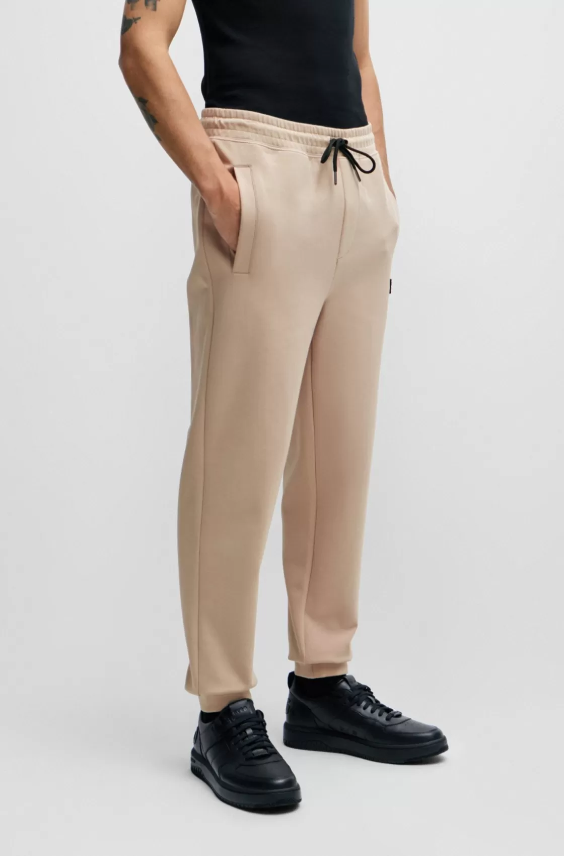 HUGO BOSS Stretch-cotton Tracksuit Bottoms With Stacked Logo Beige New