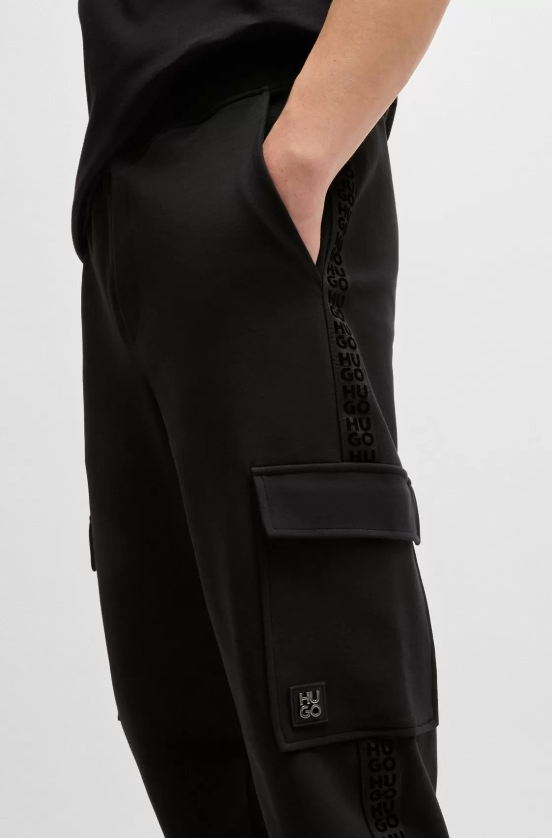 HUGO BOSS Stretch-cotton Tracksuit Bottoms With Stacked Logo Black New