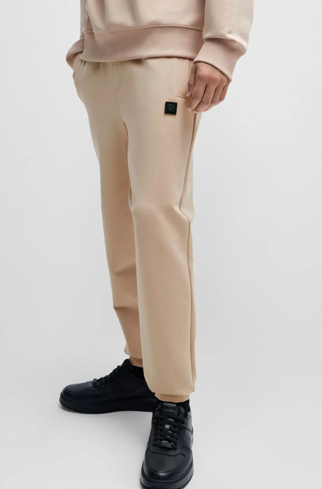 HUGO BOSS Stretch-cotton Tracksuit Bottoms With Stacked Logo Beige New