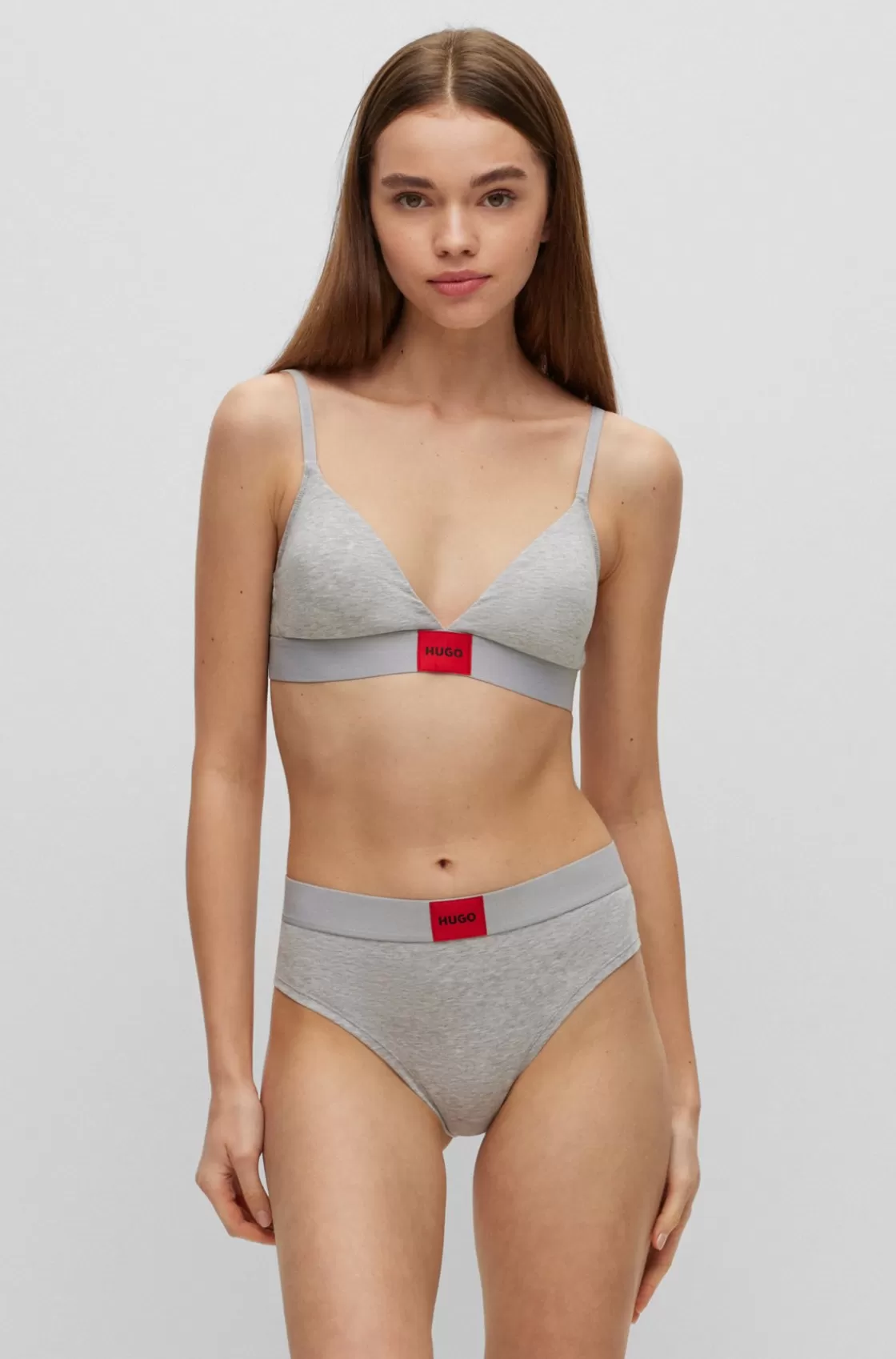 HUGO BOSS Stretch-cotton Triangle Bra With Red Logo Label Grey Store