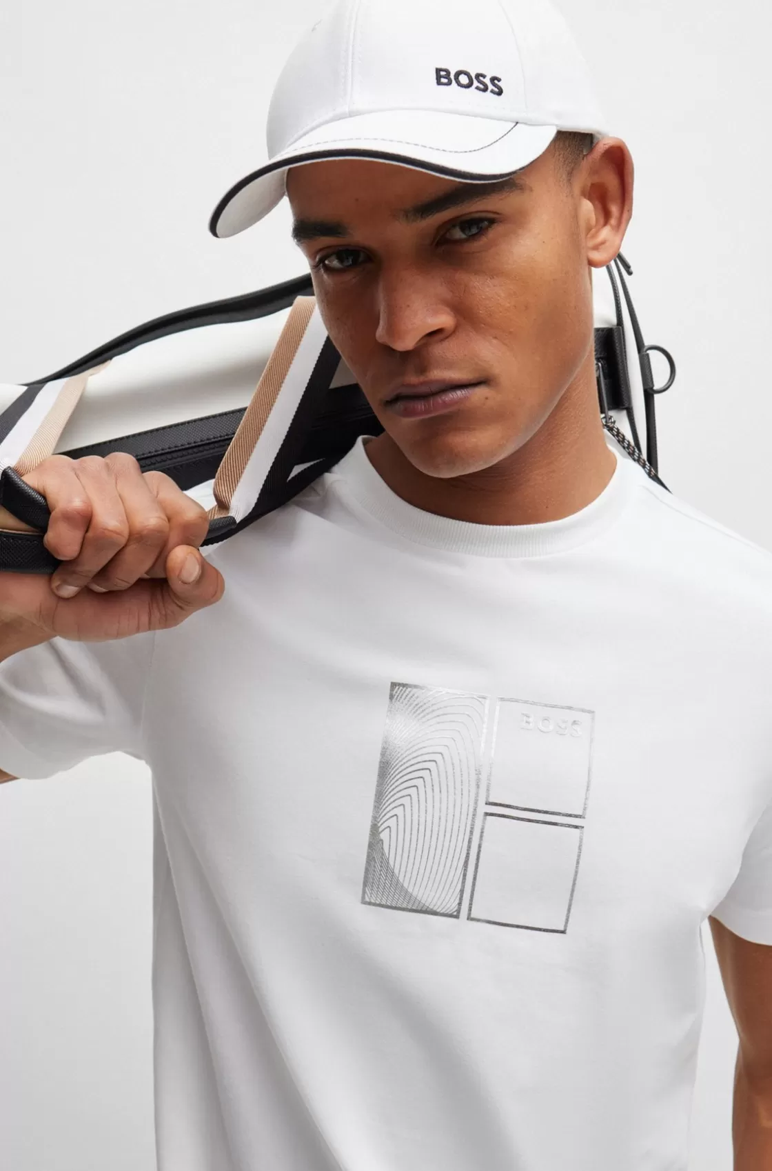 HUGO BOSS Stretch-cotton T-shirt With Metallic Artwork White Hot