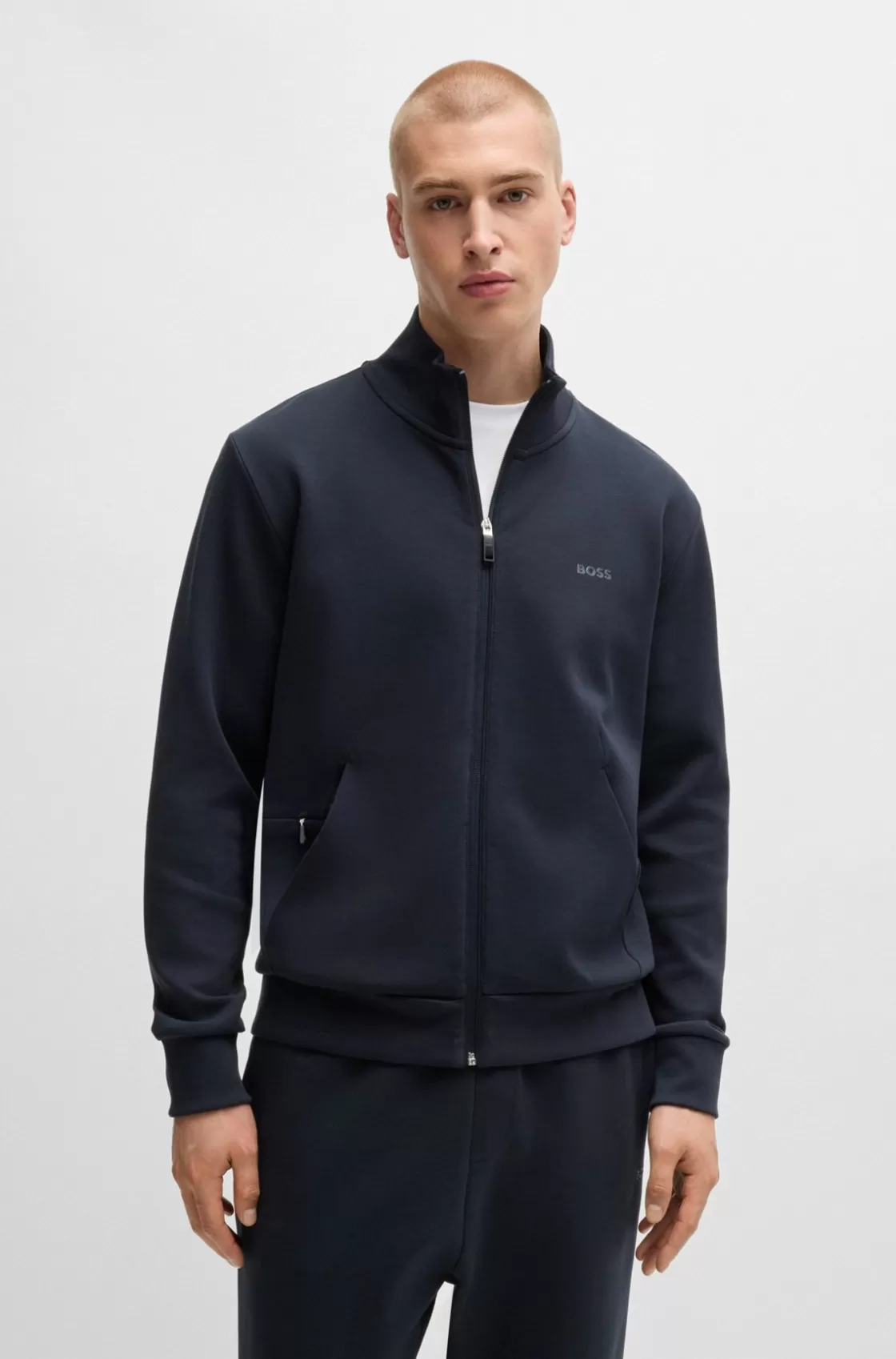 HUGO BOSS Stretch-cotton Zip-up Sweatshirt With Logo Print Dark Blue Shop