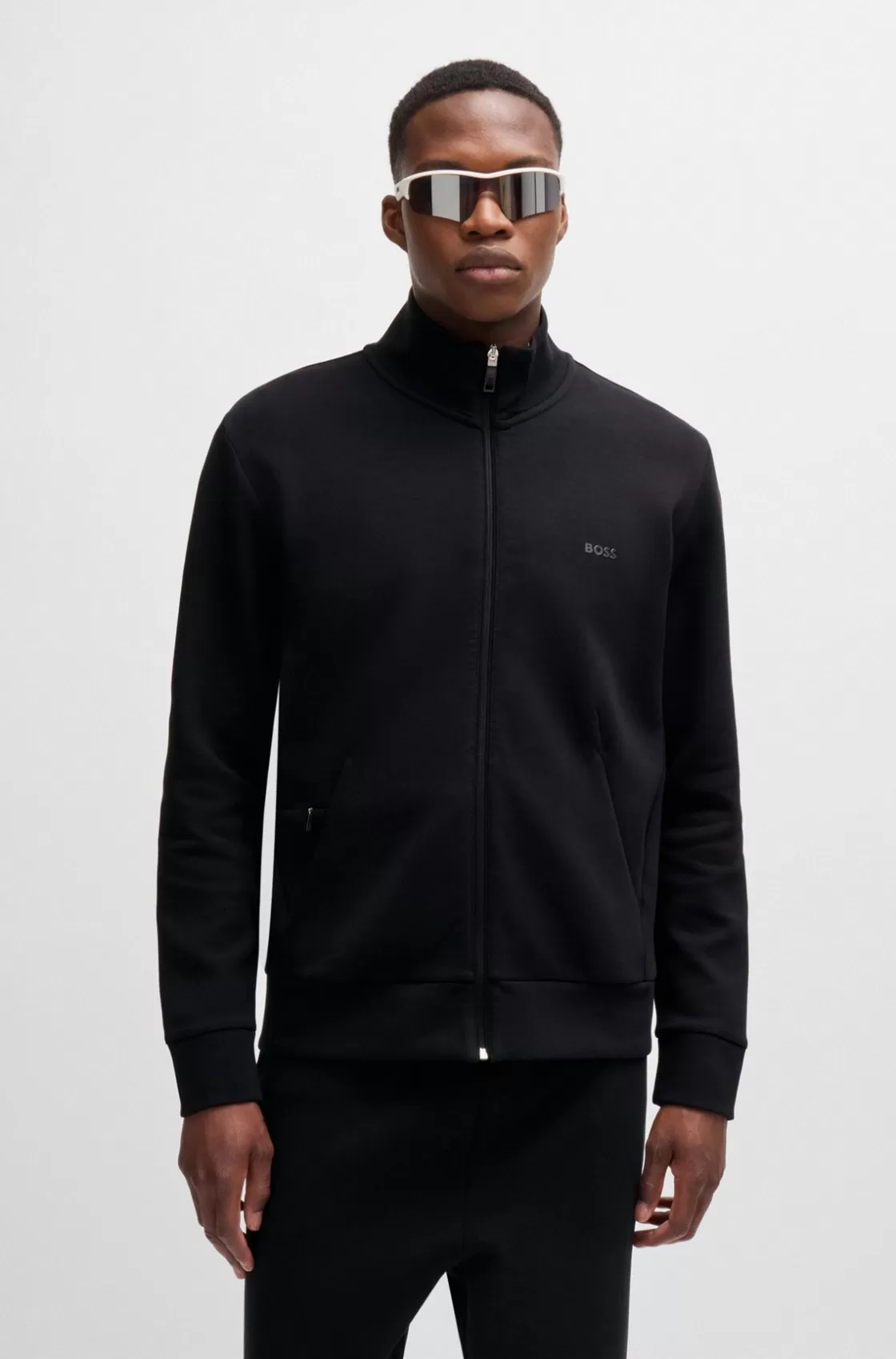 HUGO BOSS Stretch-cotton Zip-up Sweatshirt With Logo Print Black Online