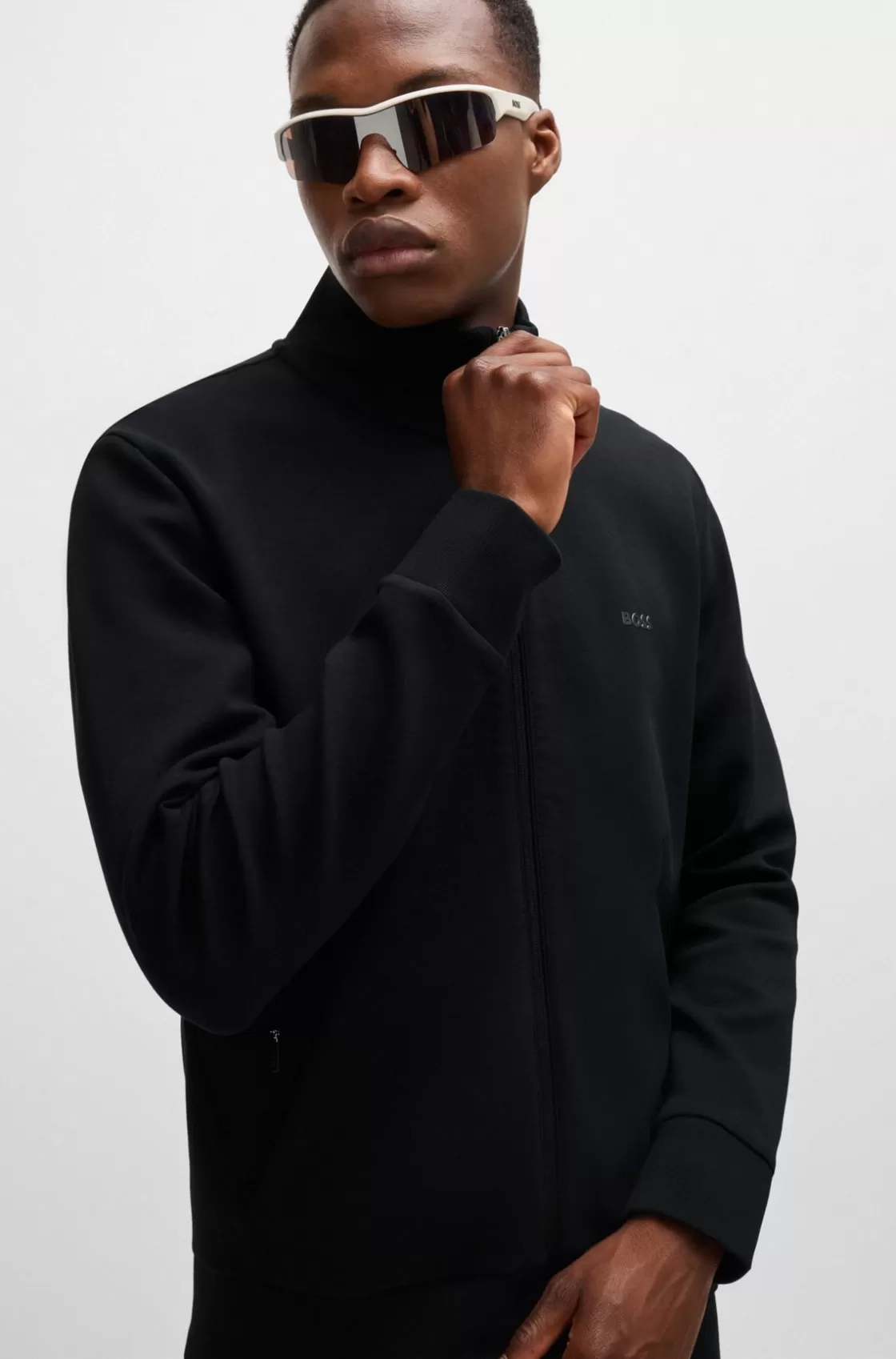 HUGO BOSS Stretch-cotton Zip-up Sweatshirt With Logo Print Black Online