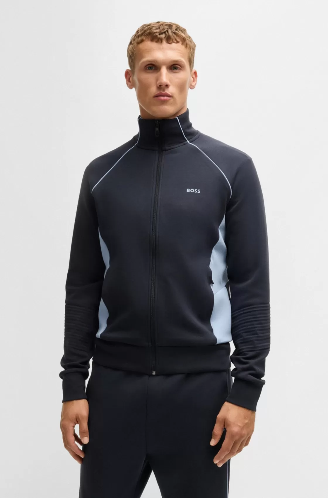 HUGO BOSS Stretch-cotton Zip-up Sweatshirt With Piping And Branding Dark Blue Cheap