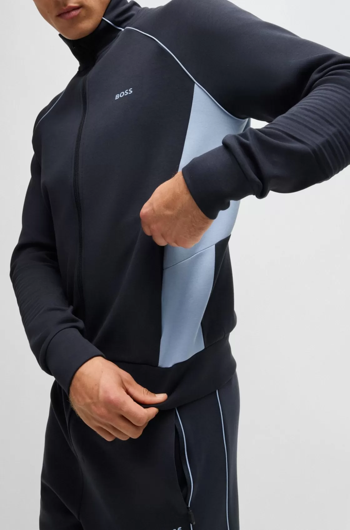 HUGO BOSS Stretch-cotton Zip-up Sweatshirt With Piping And Branding Dark Blue Cheap