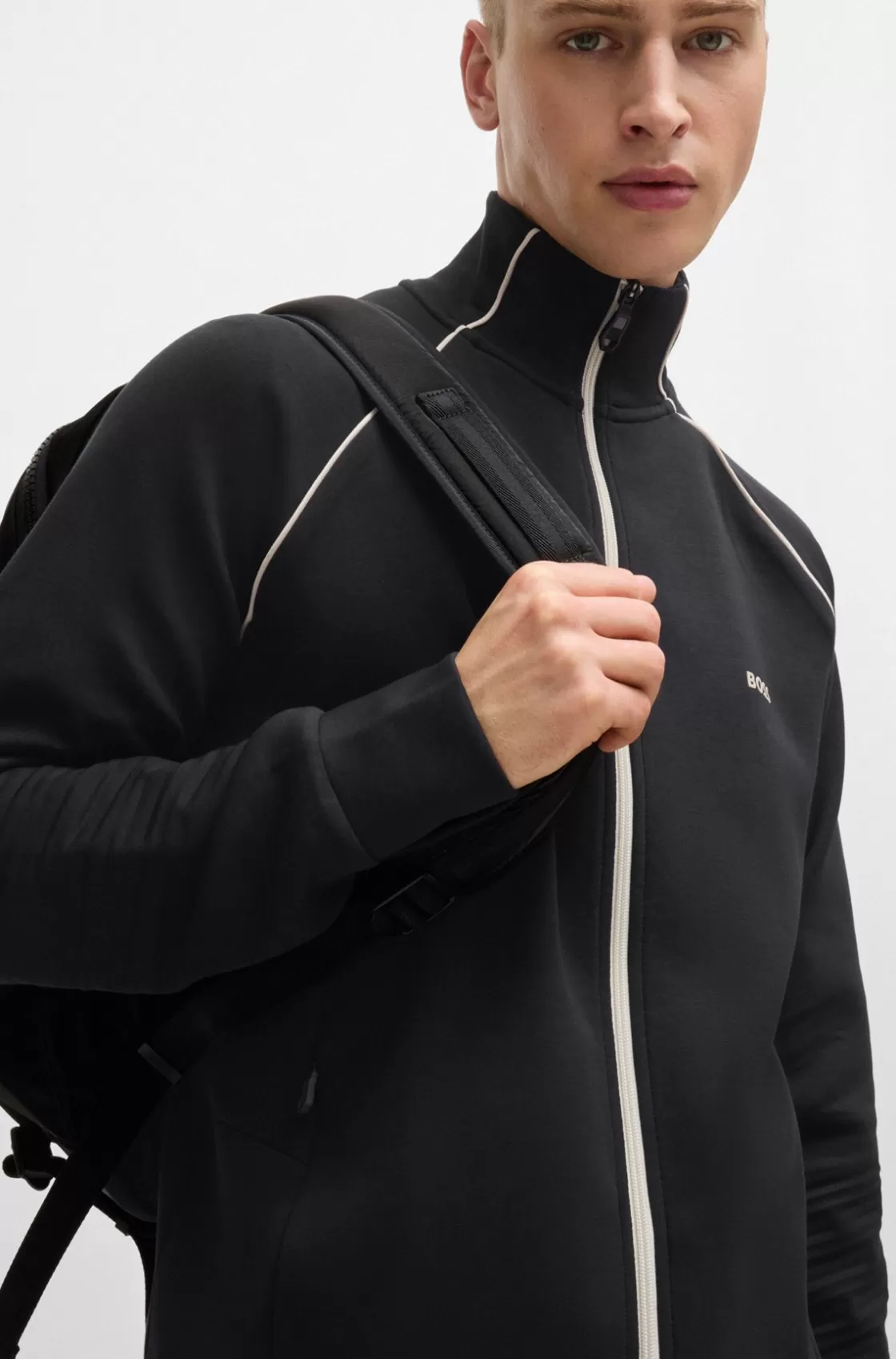 HUGO BOSS Stretch-cotton Zip-up Sweatshirt With Piping And Branding Black Shop