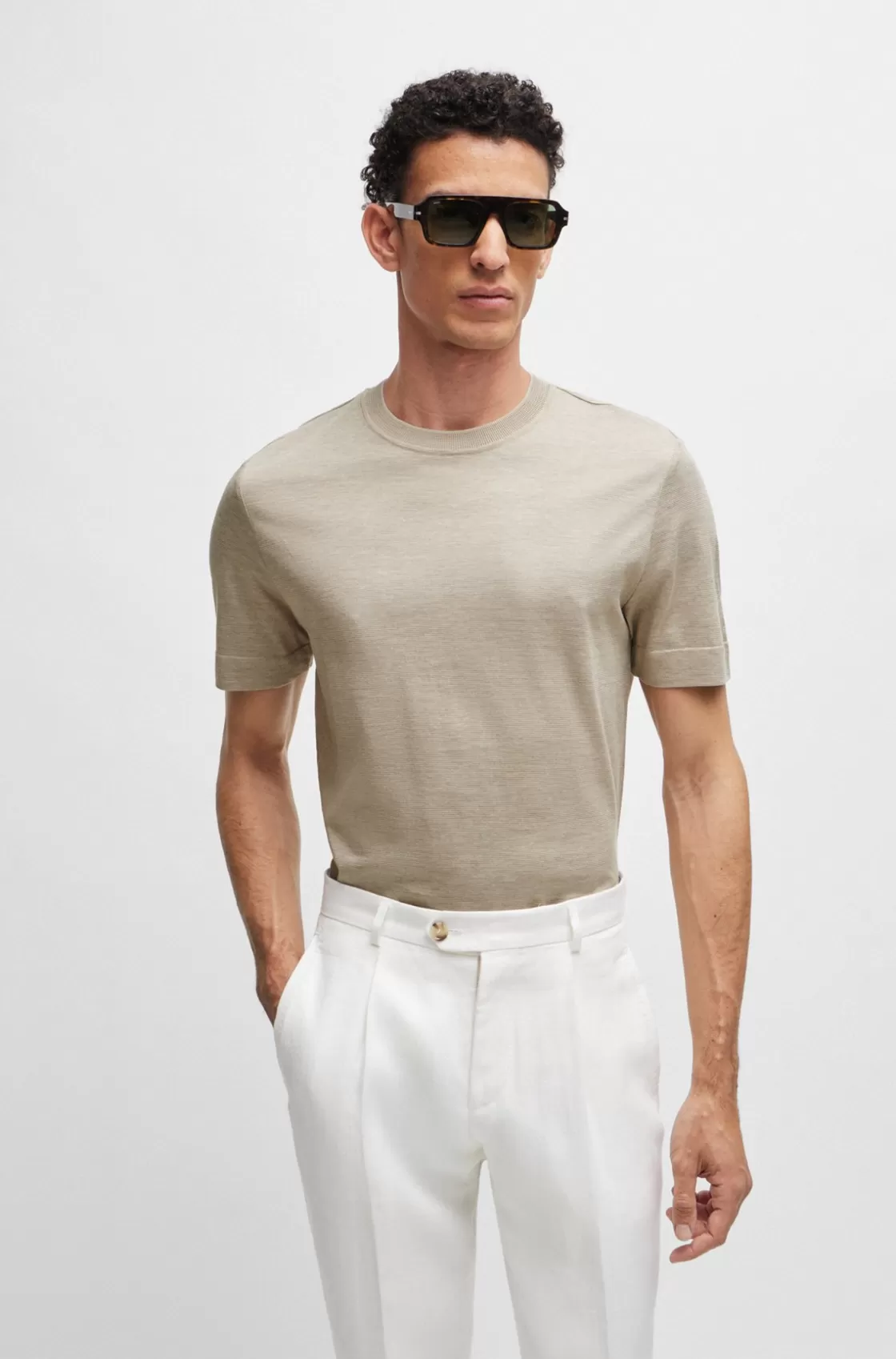 HUGO BOSS Stripe-detail T-shirt In Cotton And Silk Light Beige Discount