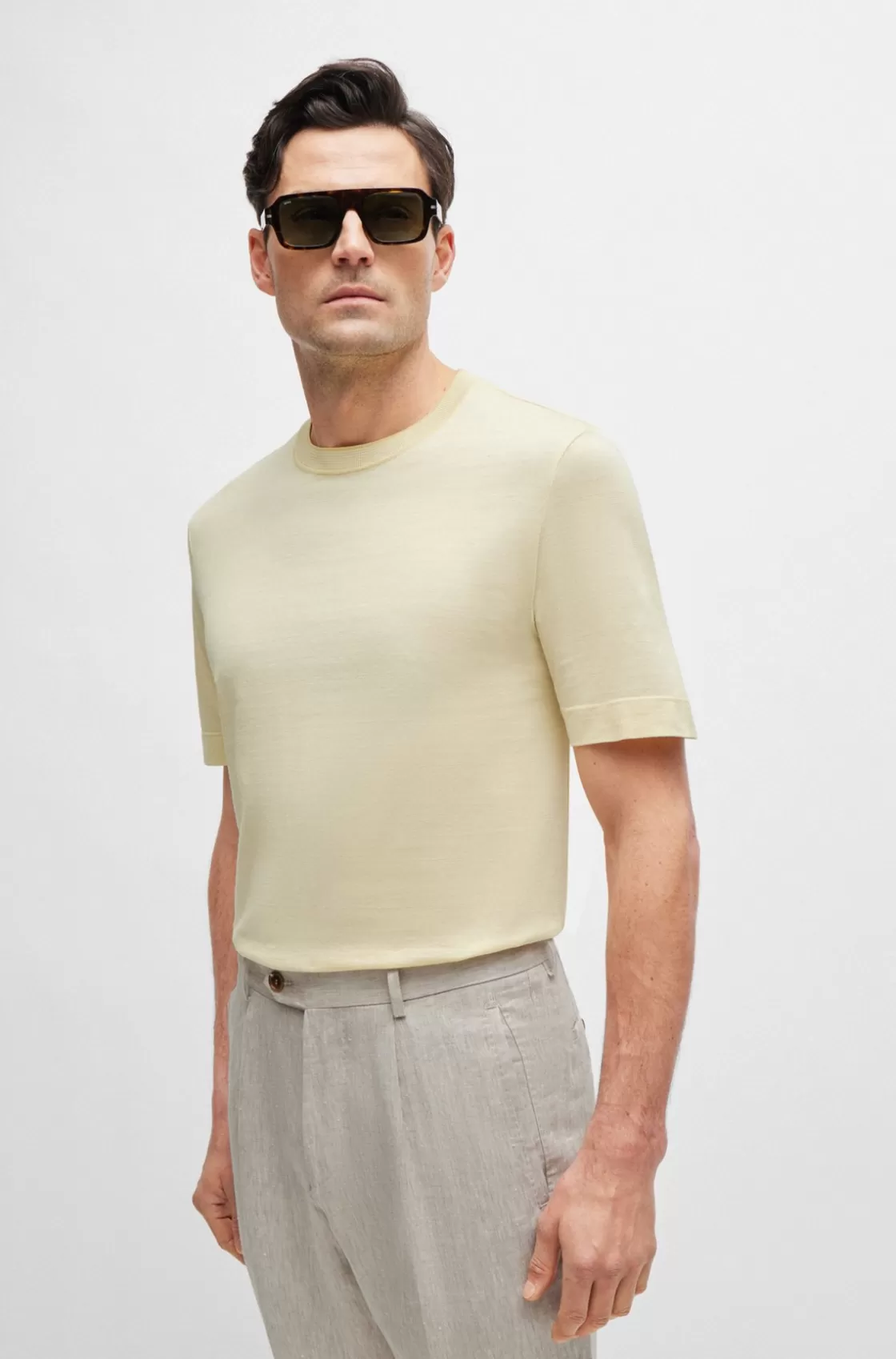 HUGO BOSS Stripe-detail T-shirt In Cotton And Silk Light Yellow Clearance