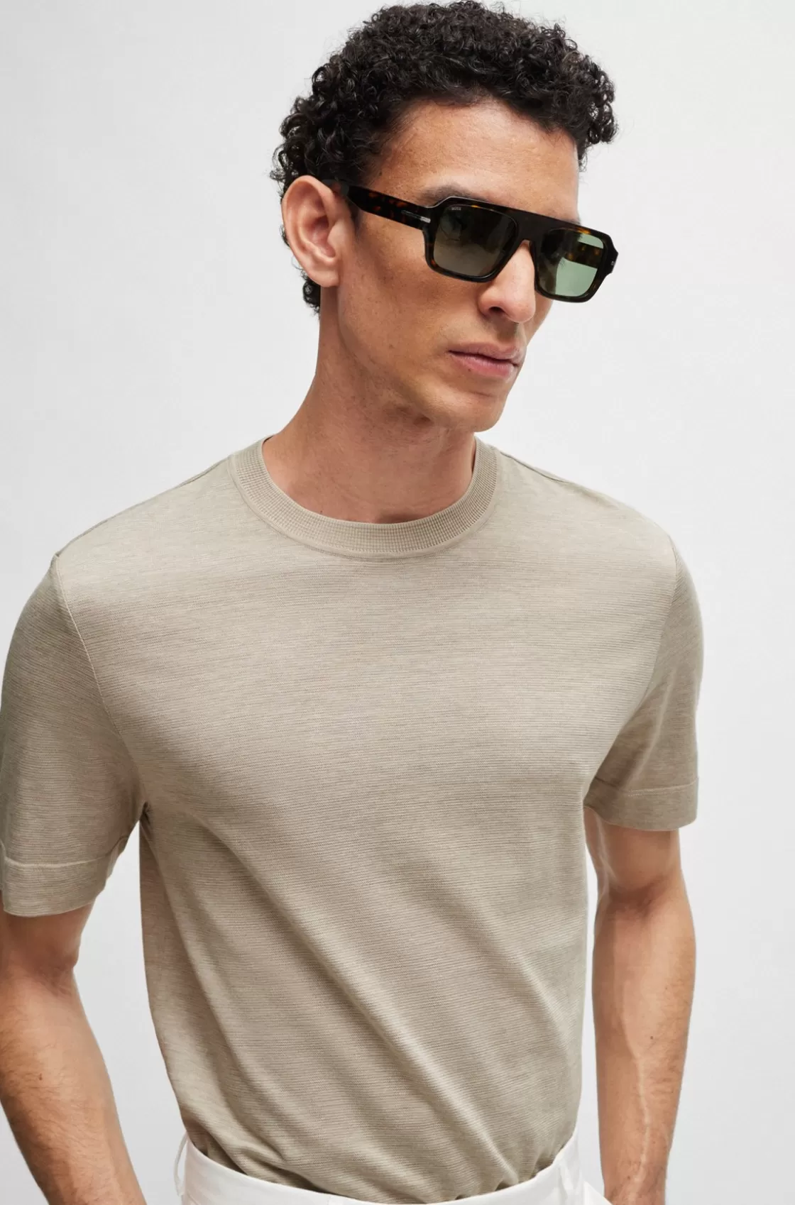 HUGO BOSS Stripe-detail T-shirt In Cotton And Silk Light Beige Discount