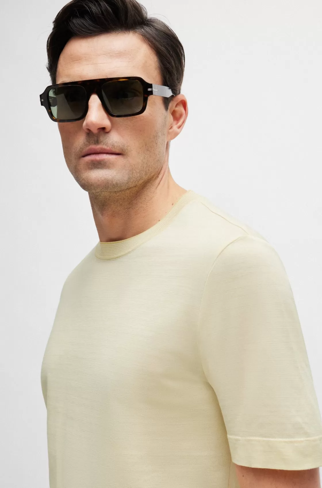 HUGO BOSS Stripe-detail T-shirt In Cotton And Silk Light Yellow Clearance