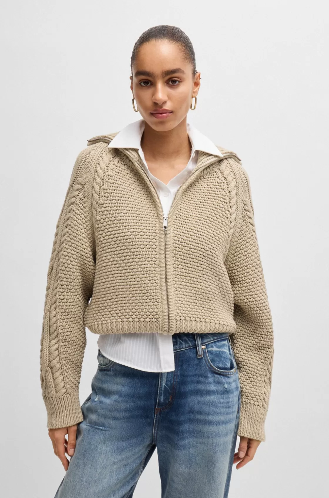 HUGO BOSS Structured Cardigan In Mercerized Cotton And Wool Light Beige Discount