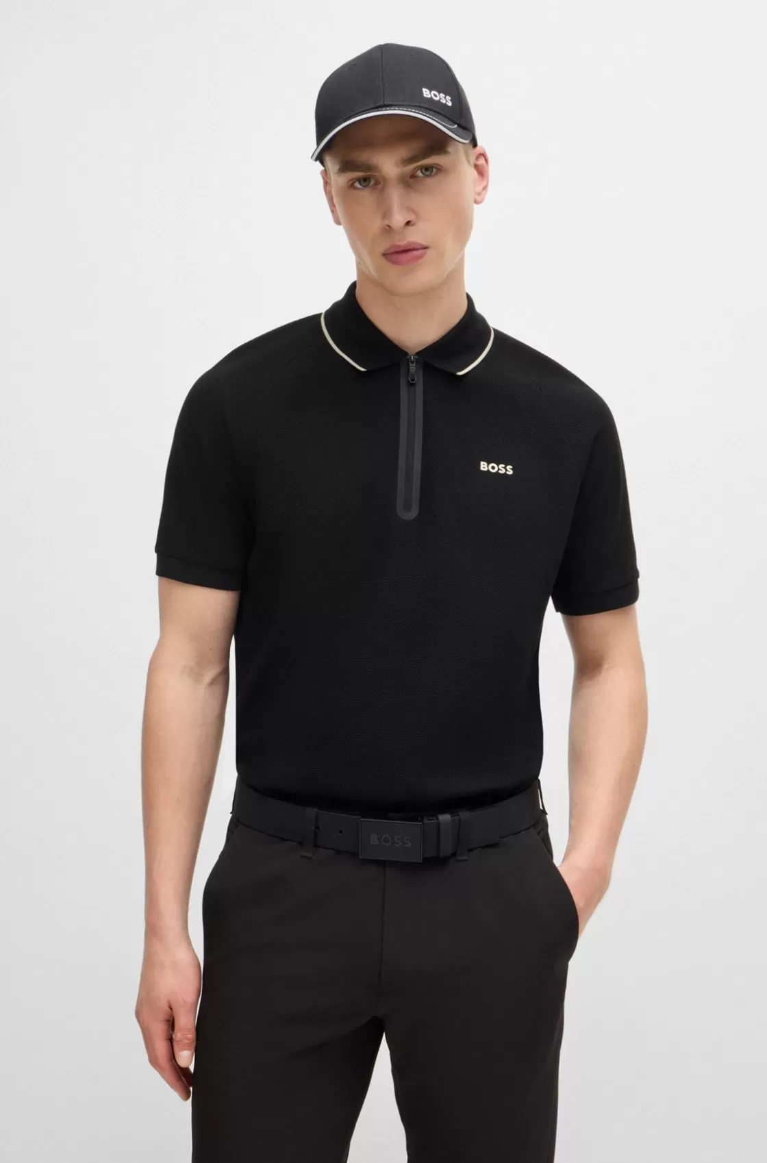 HUGO BOSS Structured-cotton Polo Shirt With Contrast Logo Black Cheap