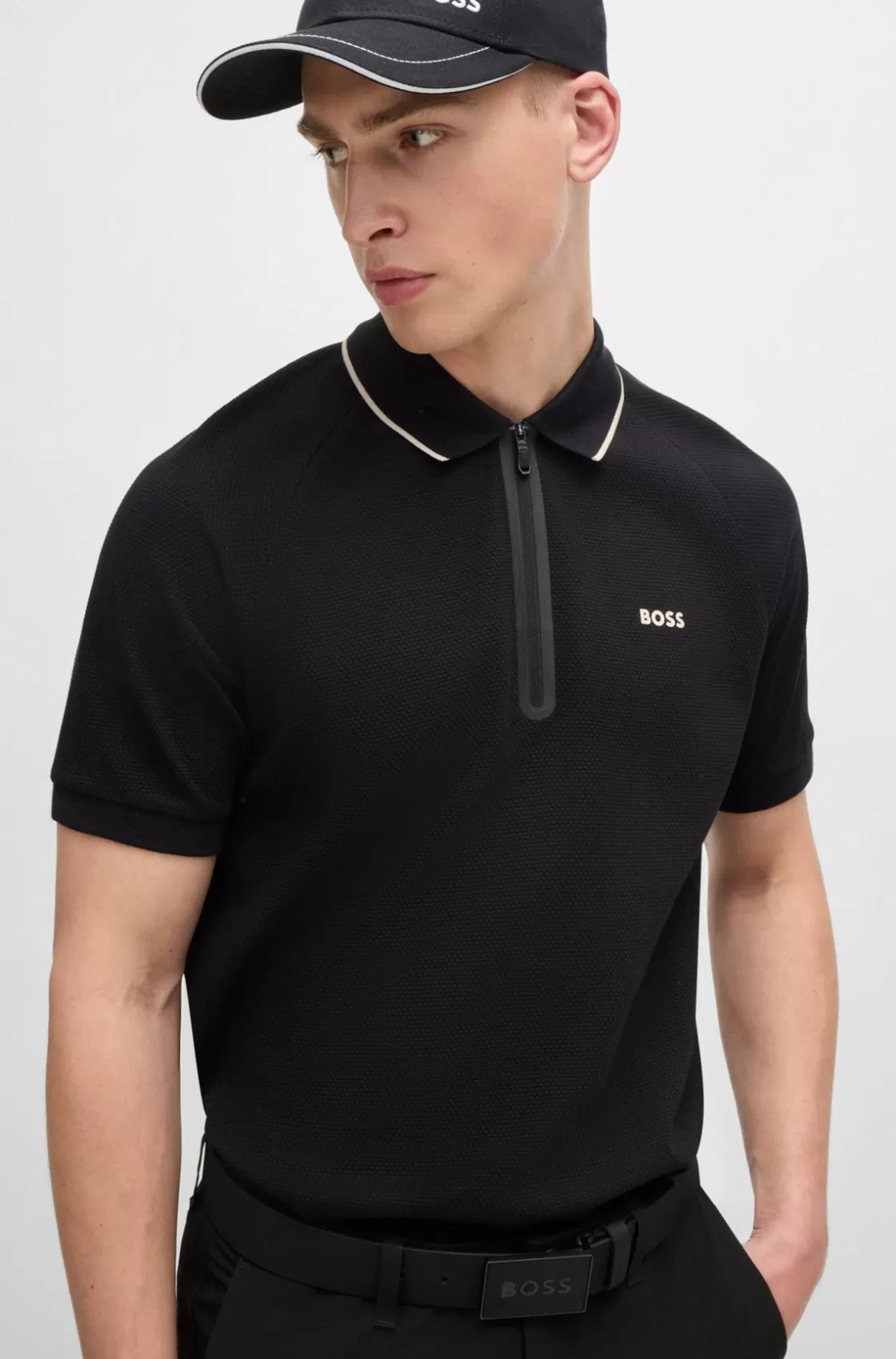 HUGO BOSS Structured-cotton Polo Shirt With Contrast Logo Black Cheap