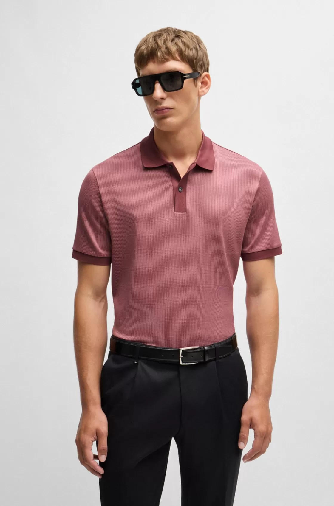 HUGO BOSS Structured-cotton Polo Shirt With Solid Trims Light Red Hot