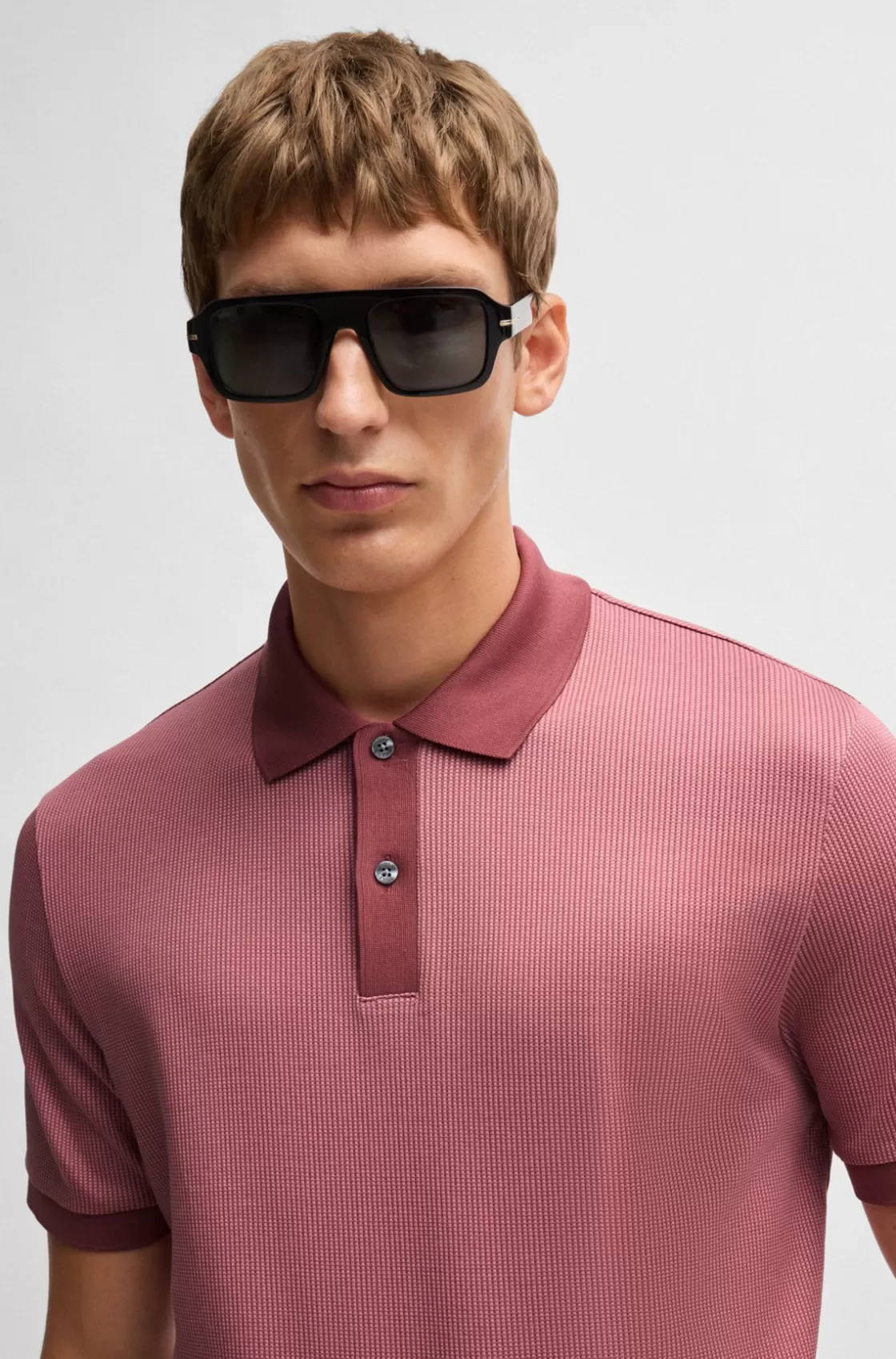HUGO BOSS Structured-cotton Polo Shirt With Solid Trims Light Red Hot