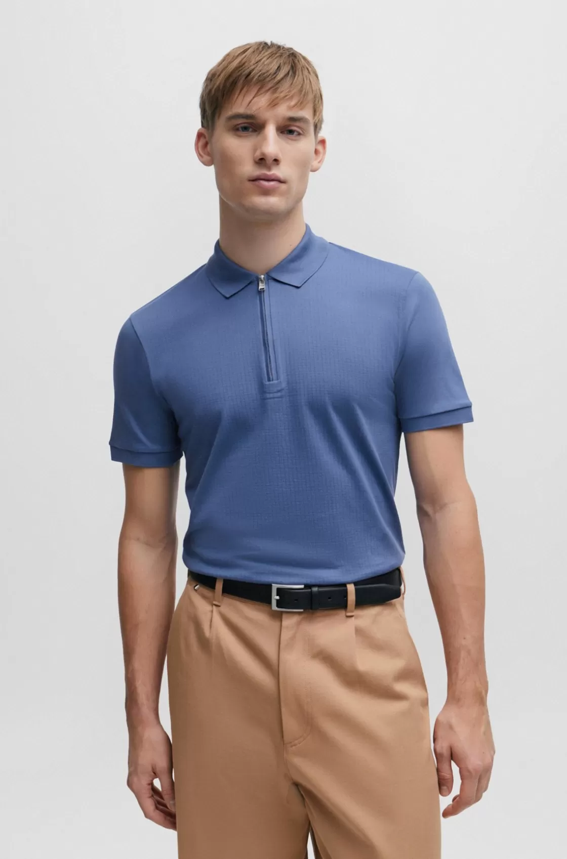 HUGO BOSS Structured-cotton Slim-fit Polo Shirt With Zip Placket Light Blue Discount