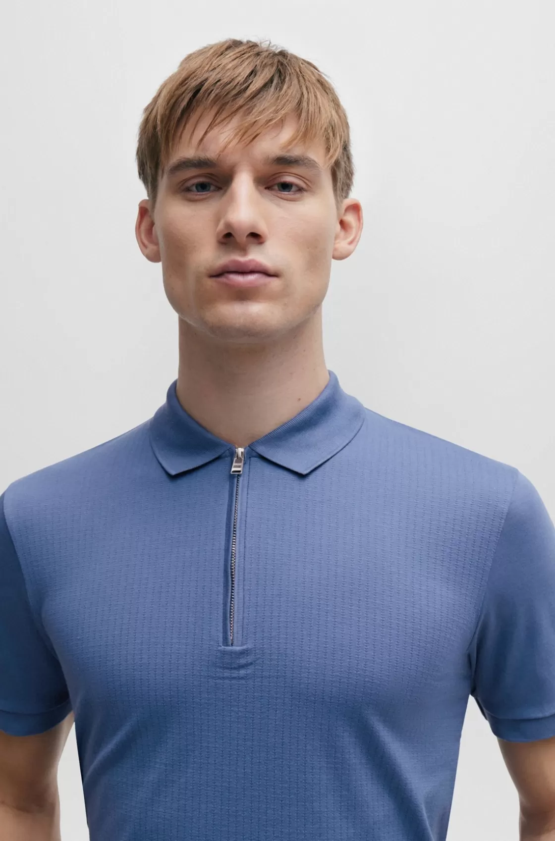 HUGO BOSS Structured-cotton Slim-fit Polo Shirt With Zip Placket Light Blue Discount