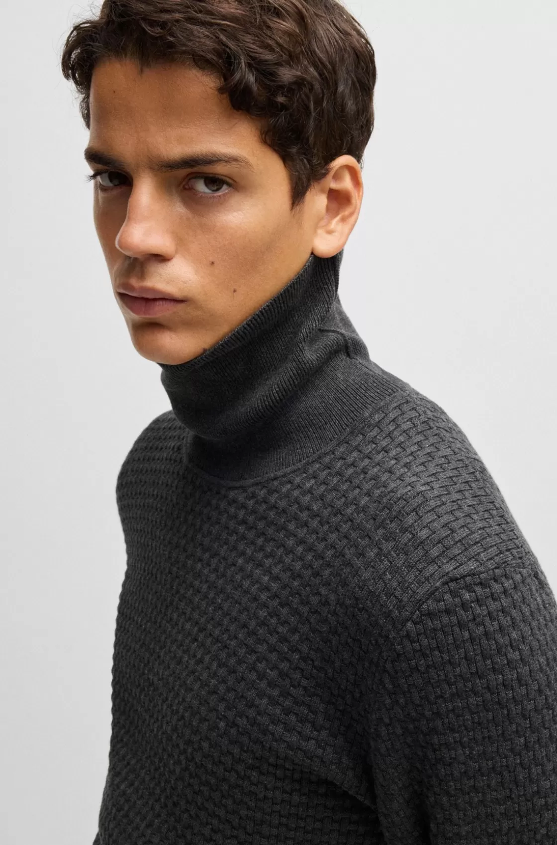 HUGO BOSS Structured-knit Rollneck Sweater In Cotton Dark Grey Clearance