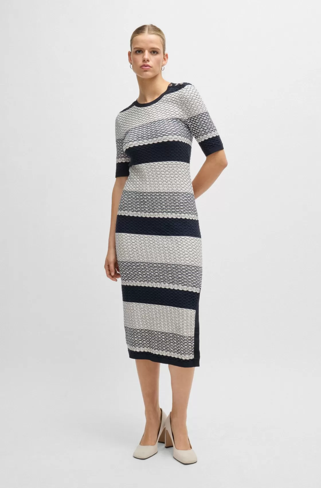 HUGO BOSS Structured-stripe Dress In Stretch-cotton Jersey Patterned Cheap