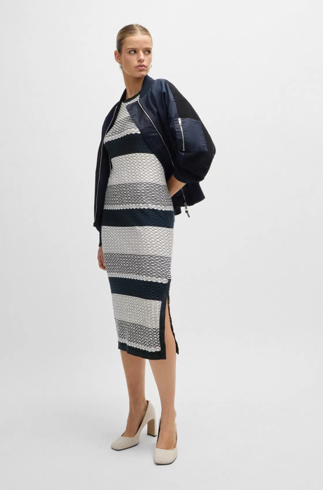 HUGO BOSS Structured-stripe Dress In Stretch-cotton Jersey Patterned Cheap