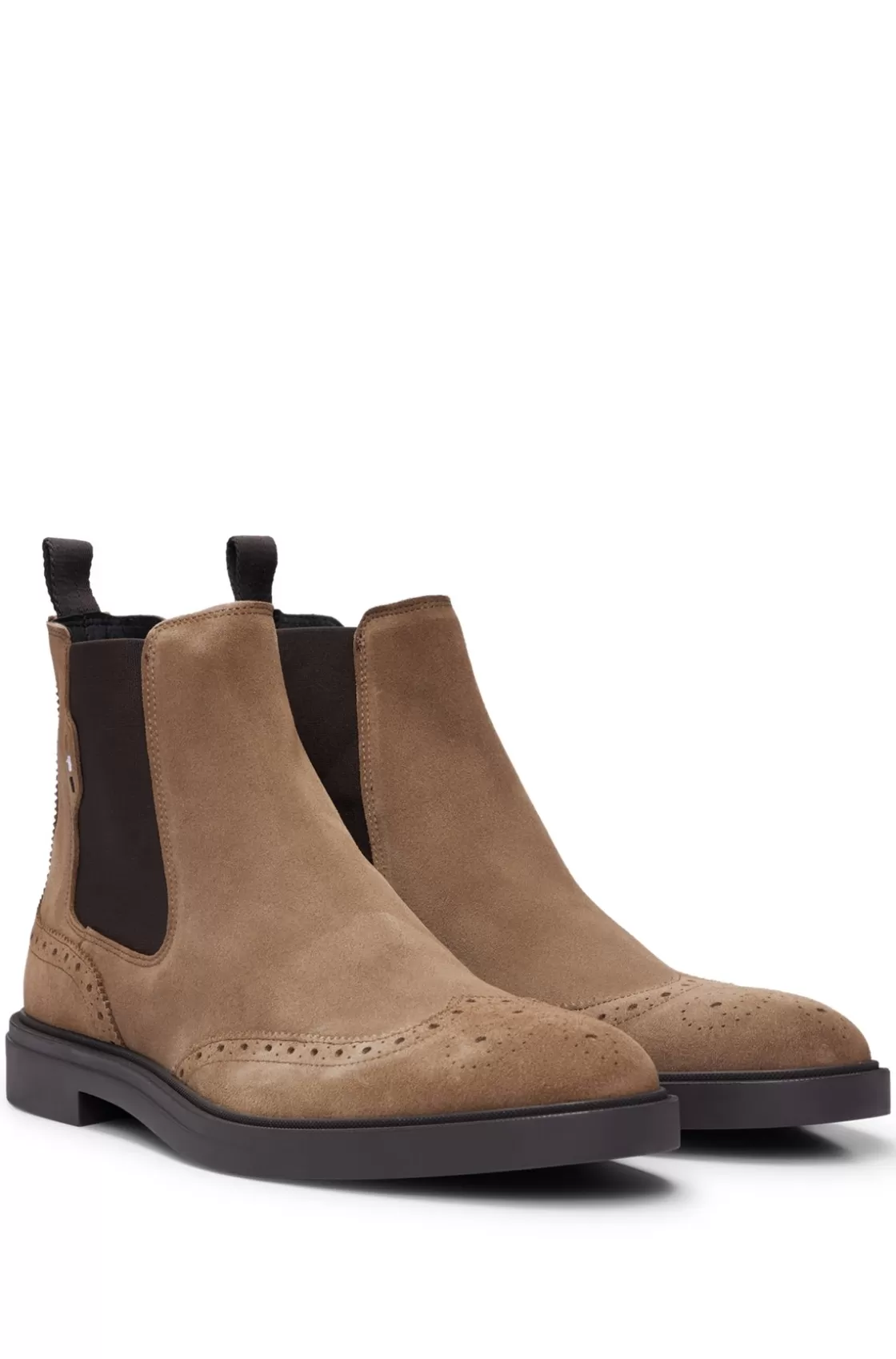 HUGO BOSS Suede Chelsea Boots With Brogue Details Beige Flash Sale