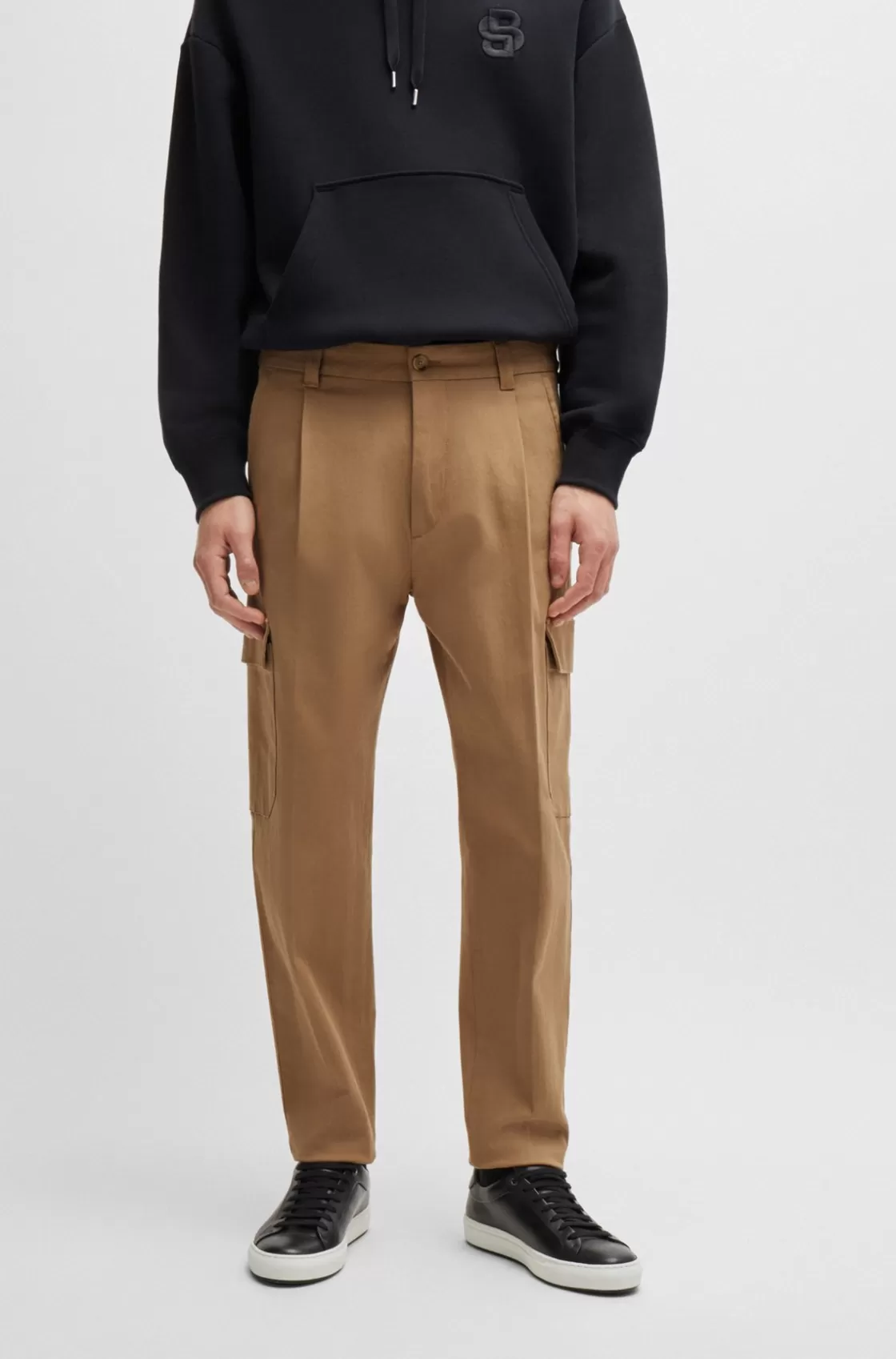 HUGO BOSS Tapered-fit Cargo Trousers In Herringbone Stretch Cotton Light Beige Hot