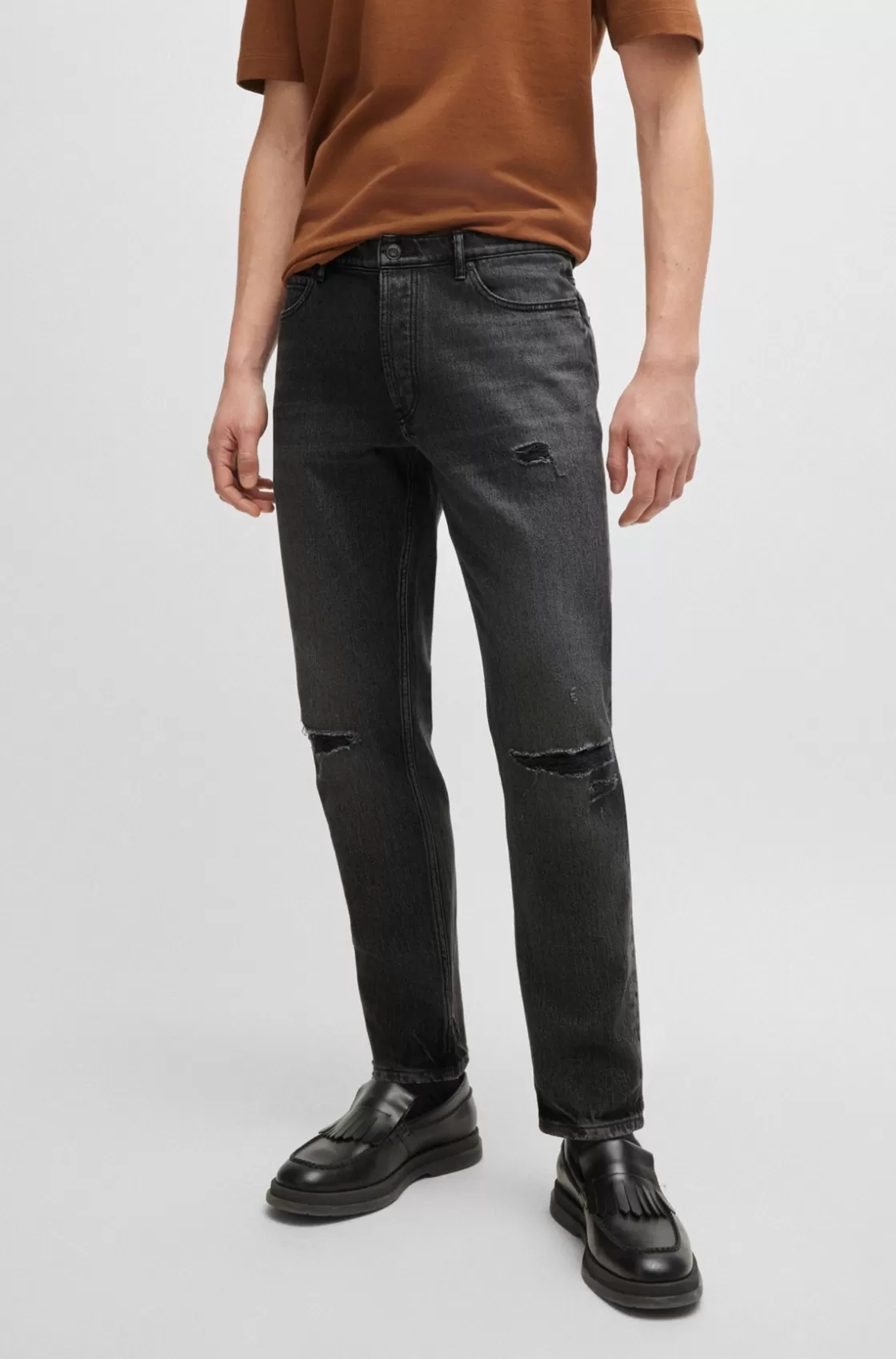 HUGO BOSS Tapered-fit Jeans In Black Distressed Denim Dark Grey Outlet