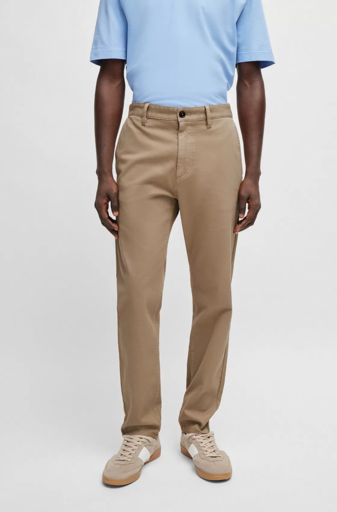 HUGO BOSS Tapered-fit Trousers In Honeycomb-structured Stretch Cotton Light Brown Store