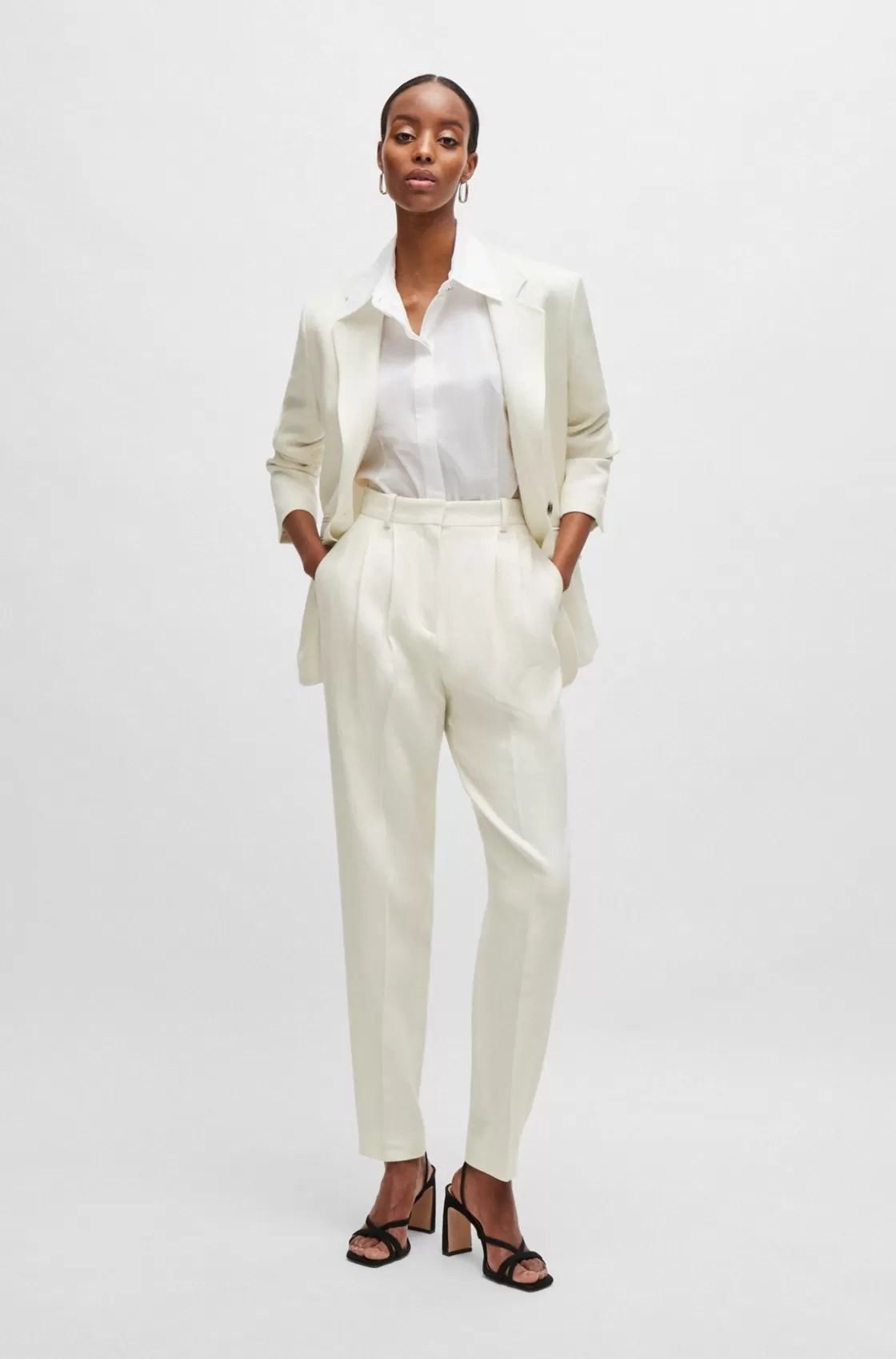 HUGO BOSS Tapered-fit Trousers In Linen-blend Twill White Best Sale