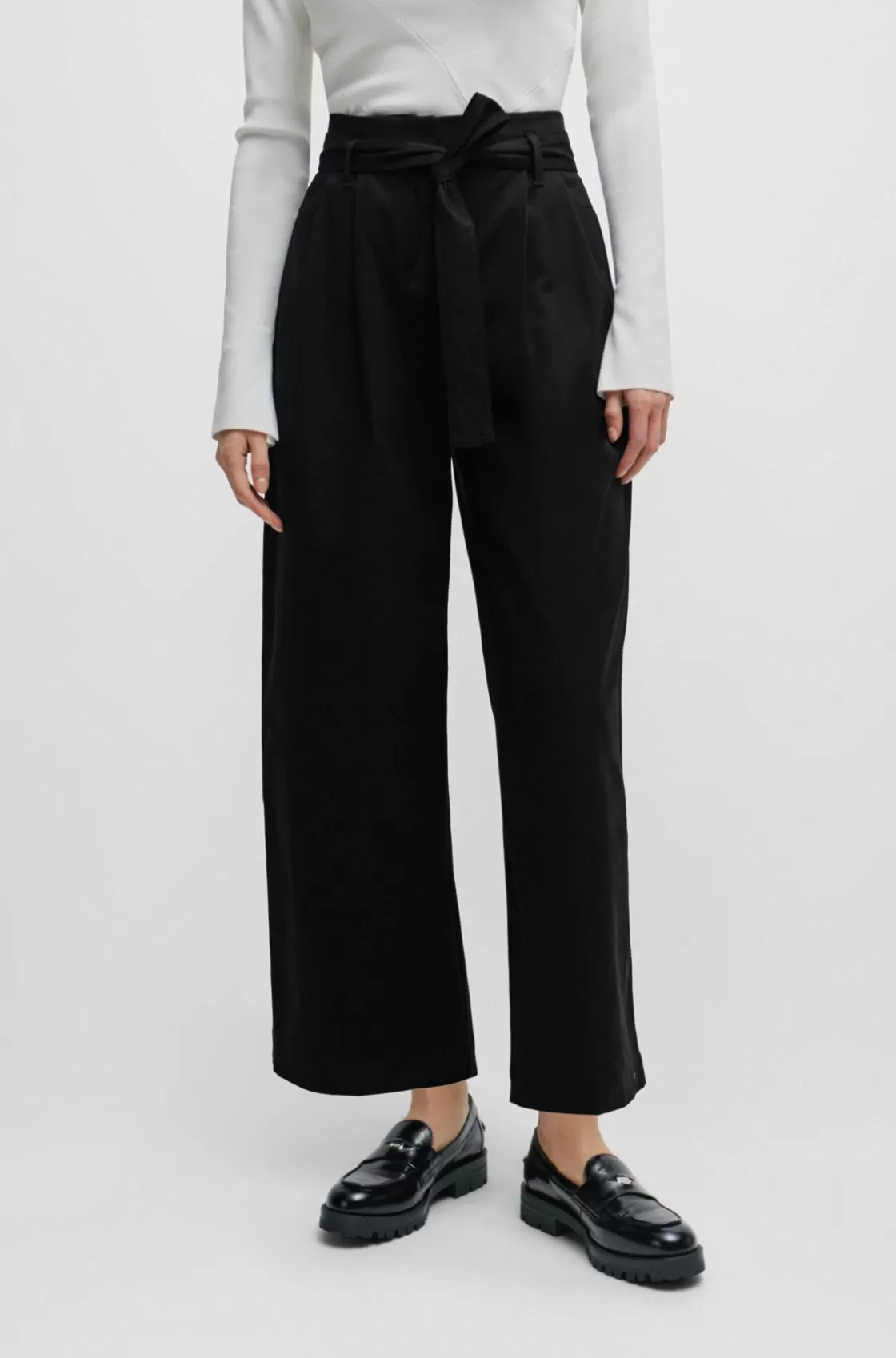 HUGO BOSS Tapered-fit Wide-leg Trousers With Fabric Belt Black Hot